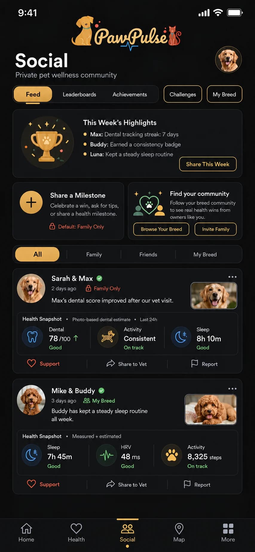 PawPulse Social feed with This Week's Highlights, milestone sharing and posts with health snapshots