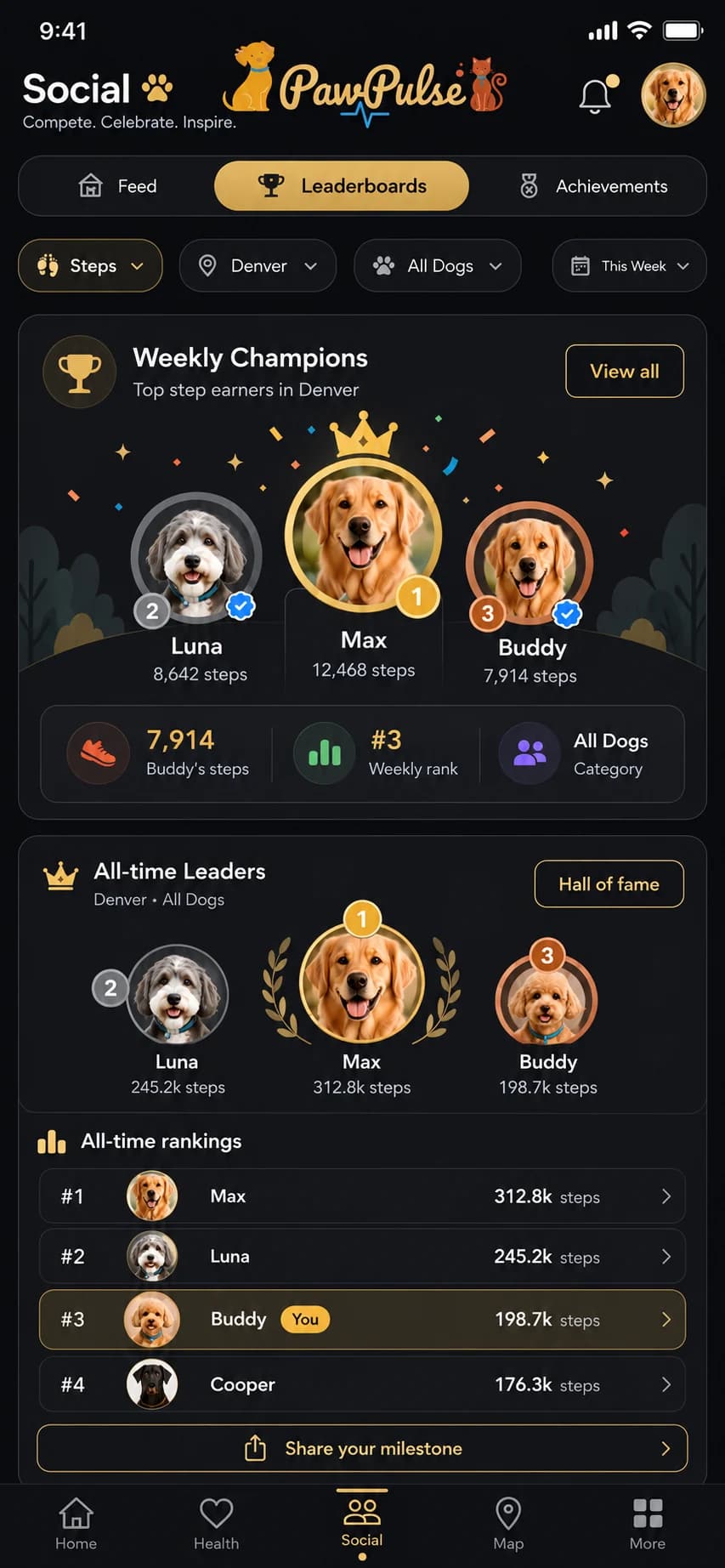 PawPulse Social leaderboard with a Weekly Champions podium, all-time leaders and your rank