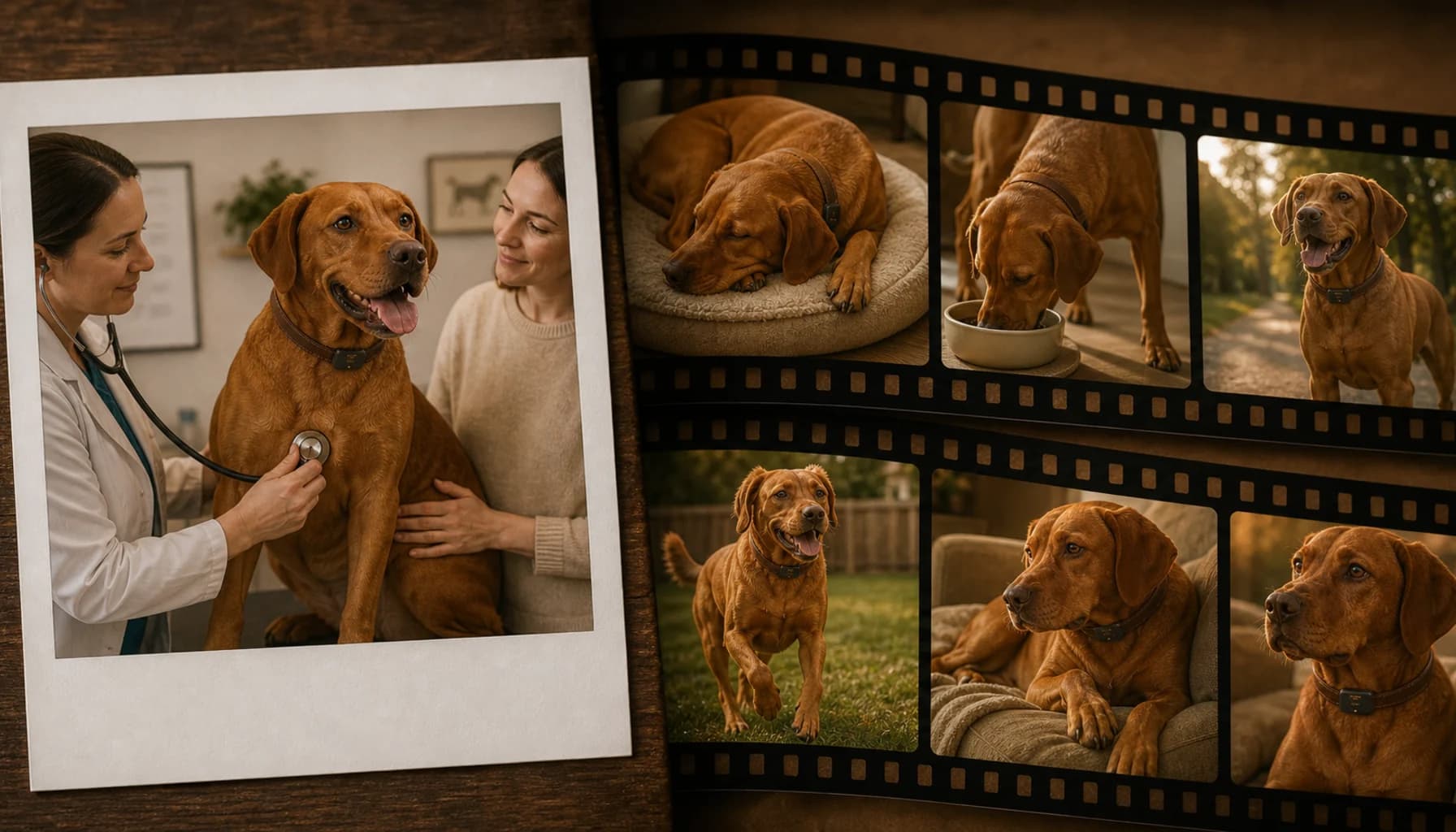 Split image: left side shows a dog at the vet once a year for a quick checkup, right side shows a continuous timeline of daily health data filling the 364-day gap between visits