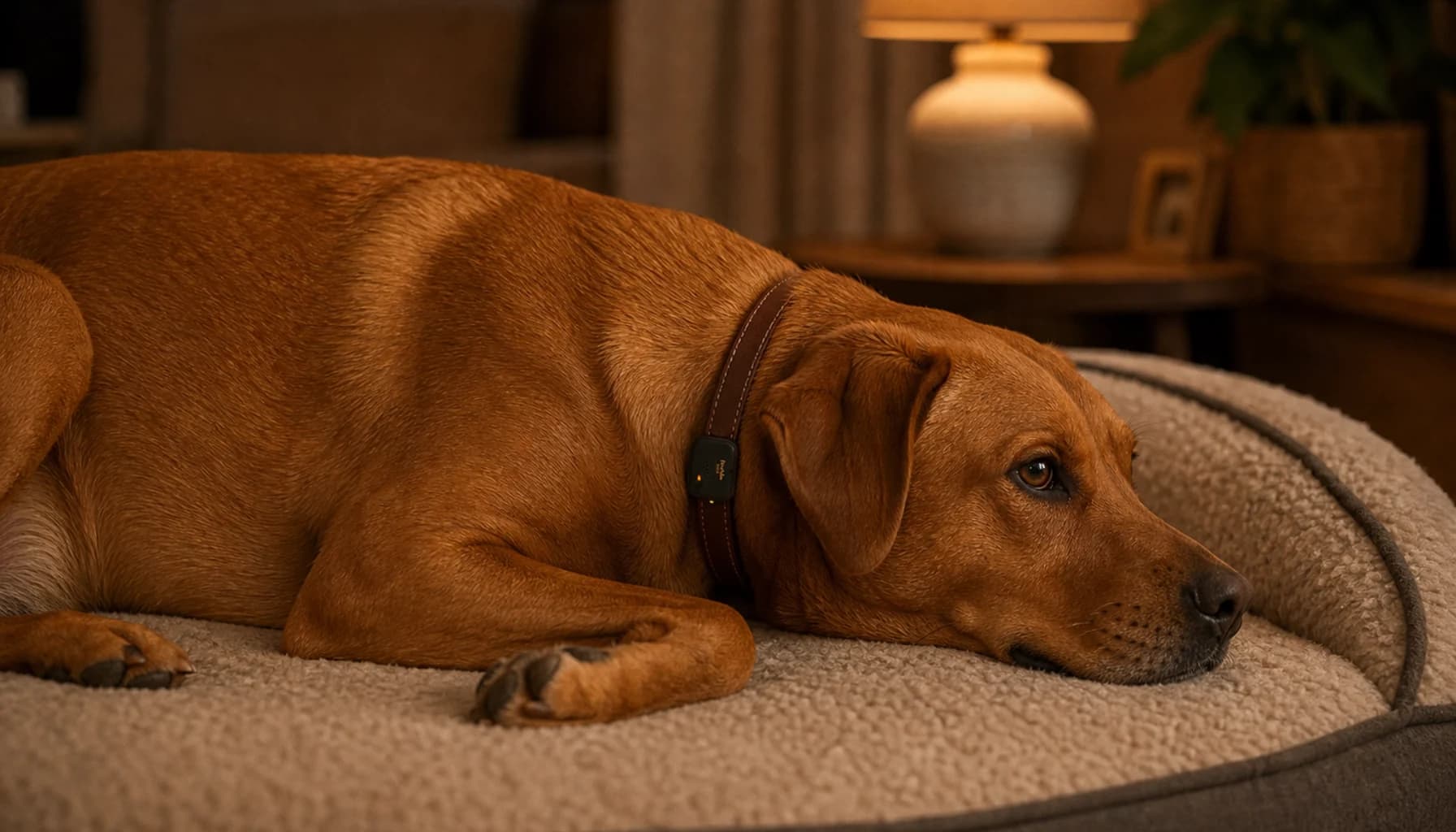 Dog wearing an activity tracker collar looking energetic and active on a walk, while a subtle overlay suggests hidden health metrics trending in the wrong direction