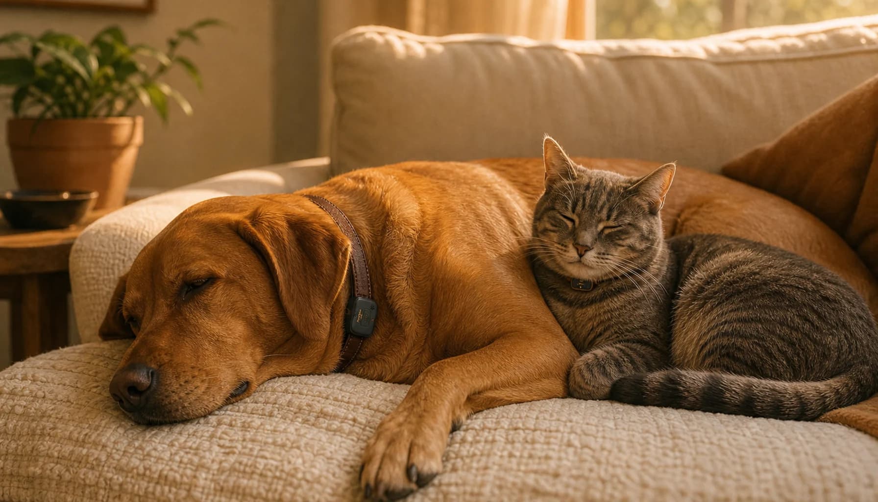 Dog and cat side by side on a couch, both wearing PawPulse collars, both looking perfectly healthy and relaxed, warm home setting - conveying that monitoring works quietly in the background for both species