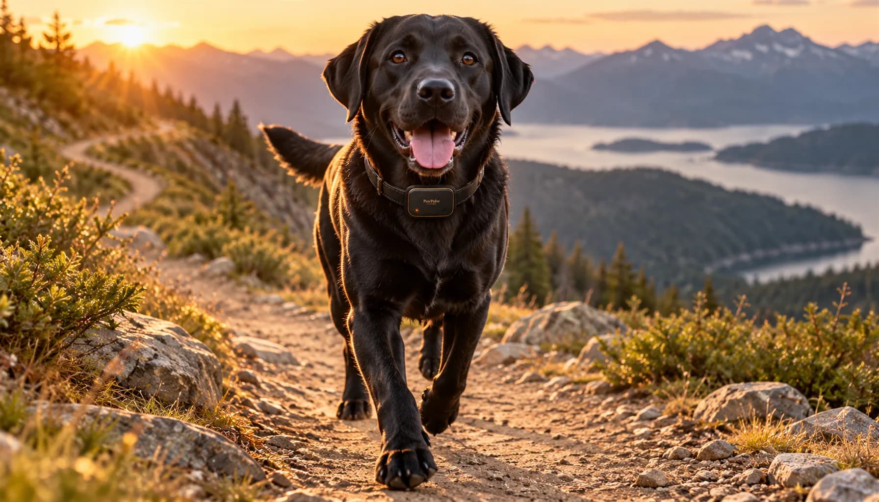 Black Labrador Retriever trotting toward the camera along a mountain switchback trail at golden hour wearing a slim black PawPulse collar, hiking with dogs safety