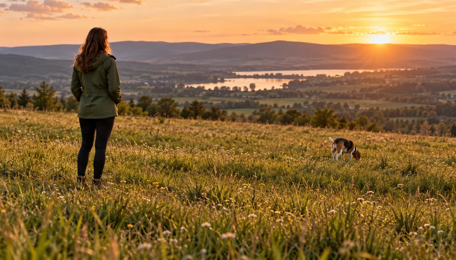 Woman in a green jacket watching a small dog sniff the grass far across an open meadow at sunset, virtual fence freedom for dogs