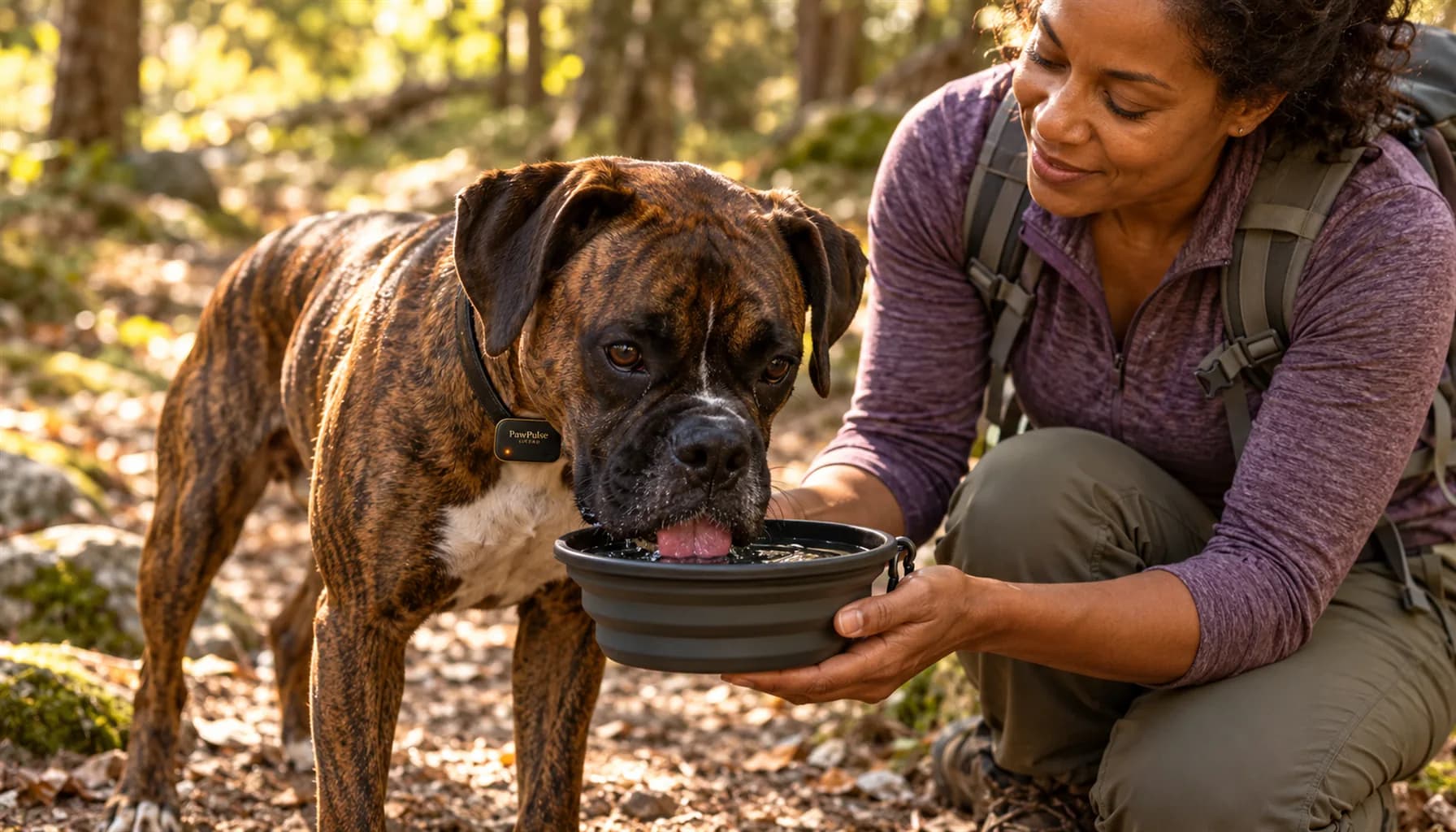 Brindle Boxer drinking from a collapsible bowl held by a woman kneeling beside it on a shaded forest trail, dappled light, dog hiking water plan
