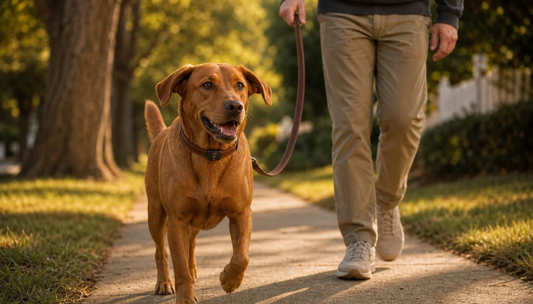 Dog wearing a PawPulse Lucero collar walking with its owner on a suburban sidewalk, warm morning light, both looking relaxed and confident, conveying data-driven care as normal daily life