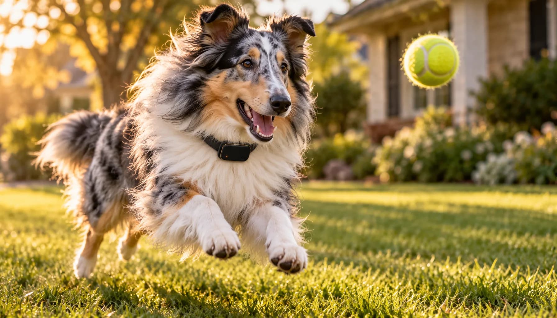 Blue-merle Collie leaping toward a tennis ball in an unfenced front yard, wearing a slim PawPulse collar, virtual fence for dogs without shock