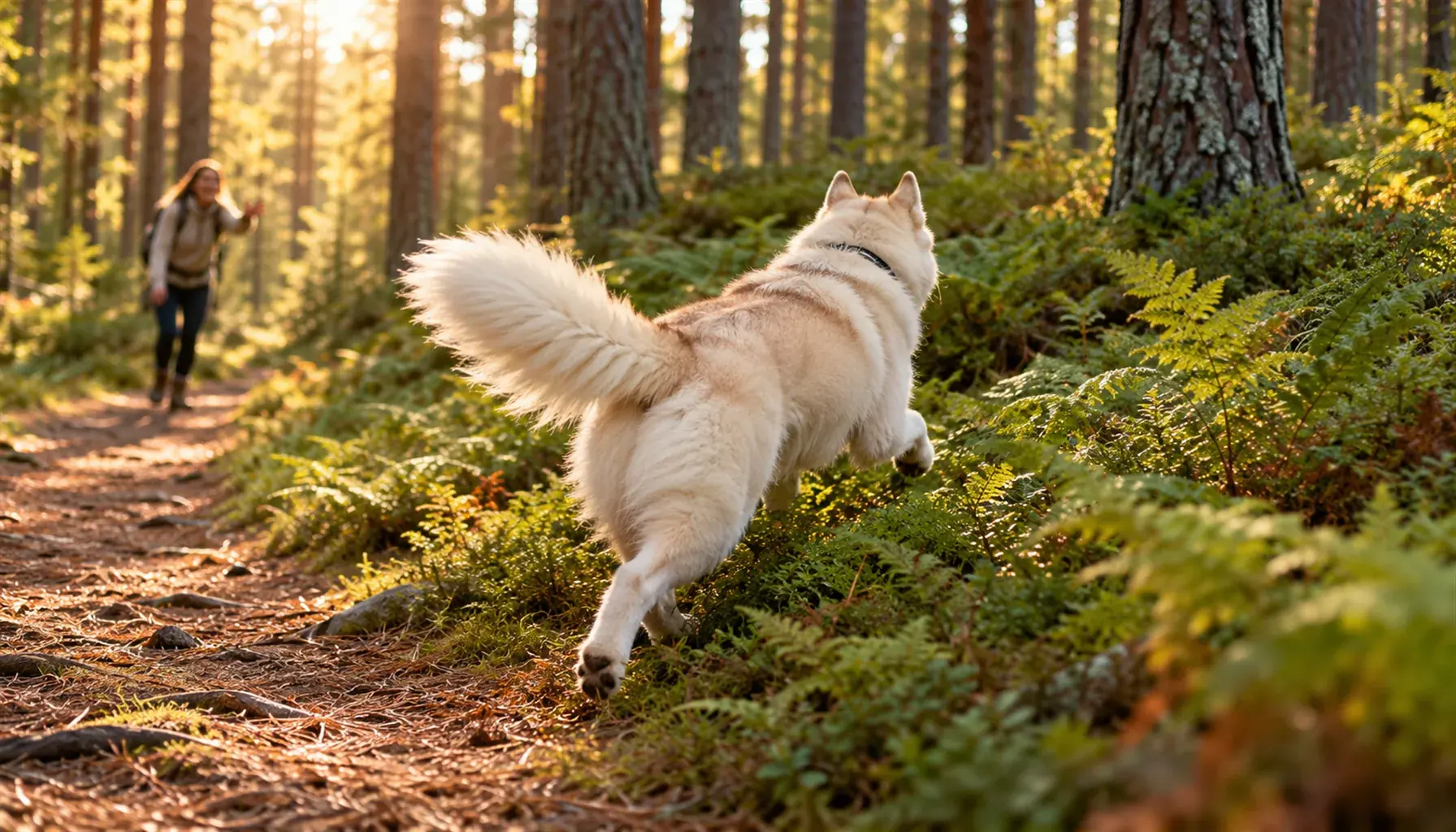 Cream Siberian Husky bounding off a forest trail into ferns while its owner calls from far behind, hiking with dogs safety depends on GPS tracking
