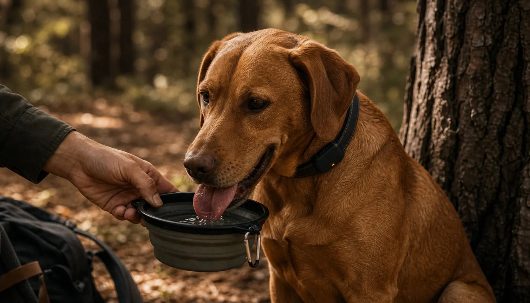 Dog running off-trail through forest, slightly ahead of the owner, conveying the moment a dog decides to chase something and the owner needs connectivity to track them