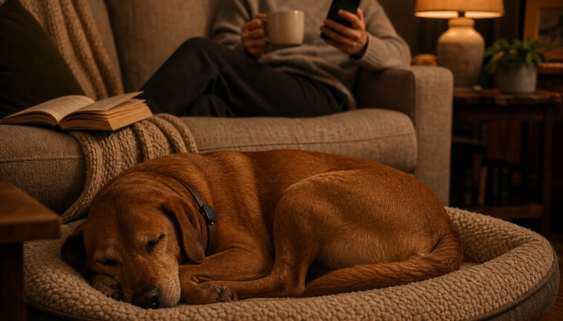 Cozy nighttime scene with a dog asleep on its bed and an owner relaxed on the couch nearby looking at their phone, warm lamplight, conveying that the collar quietly monitors while everyone rests