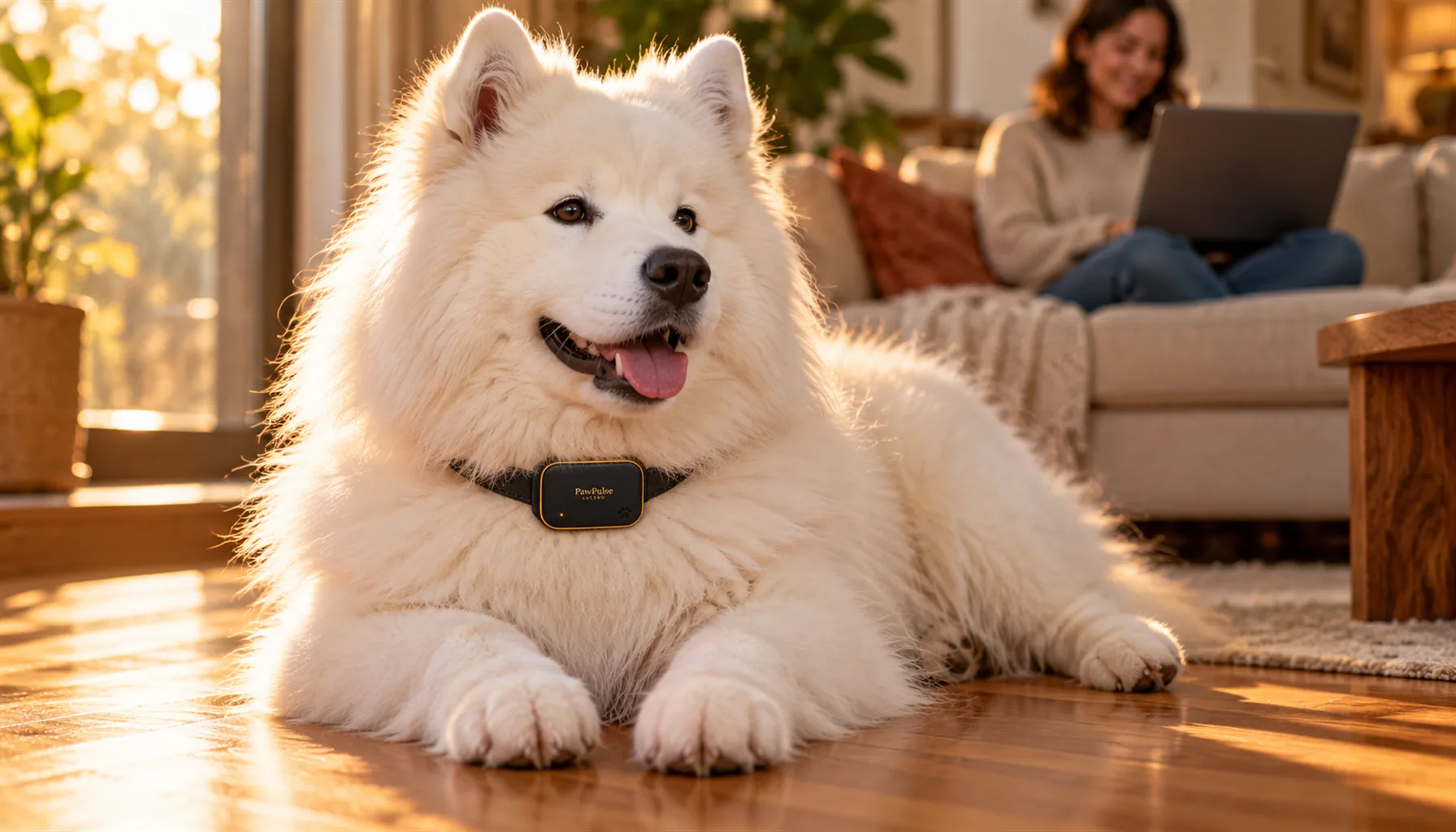 Fluffy white Samoyed resting on a sunlit hardwood floor wearing a slim PawPulse collar while its owner joins a telemedicine video call with a vet on a laptop behind