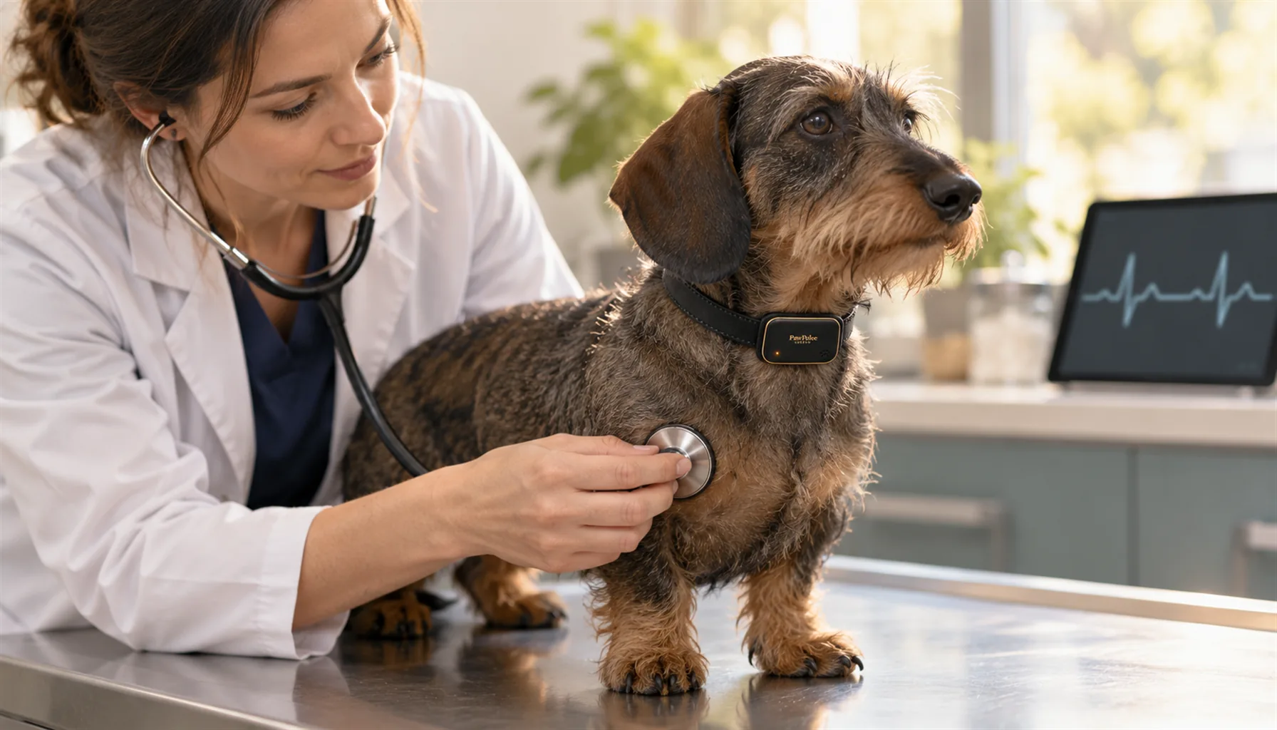 Veterinarian listening to a wire-haired Dachshund's chest with a stethoscope while the dog wears a PawPulse collar, a heart rate trend on a tablet behind