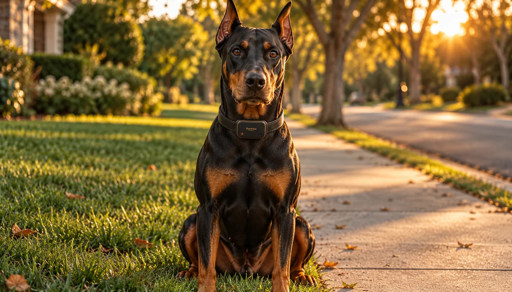 Doberman Pinscher sitting calmly at the edge of a lawn beside a quiet street in evening light, wearing a PawPulse collar, humane boundary training without a shock fence
