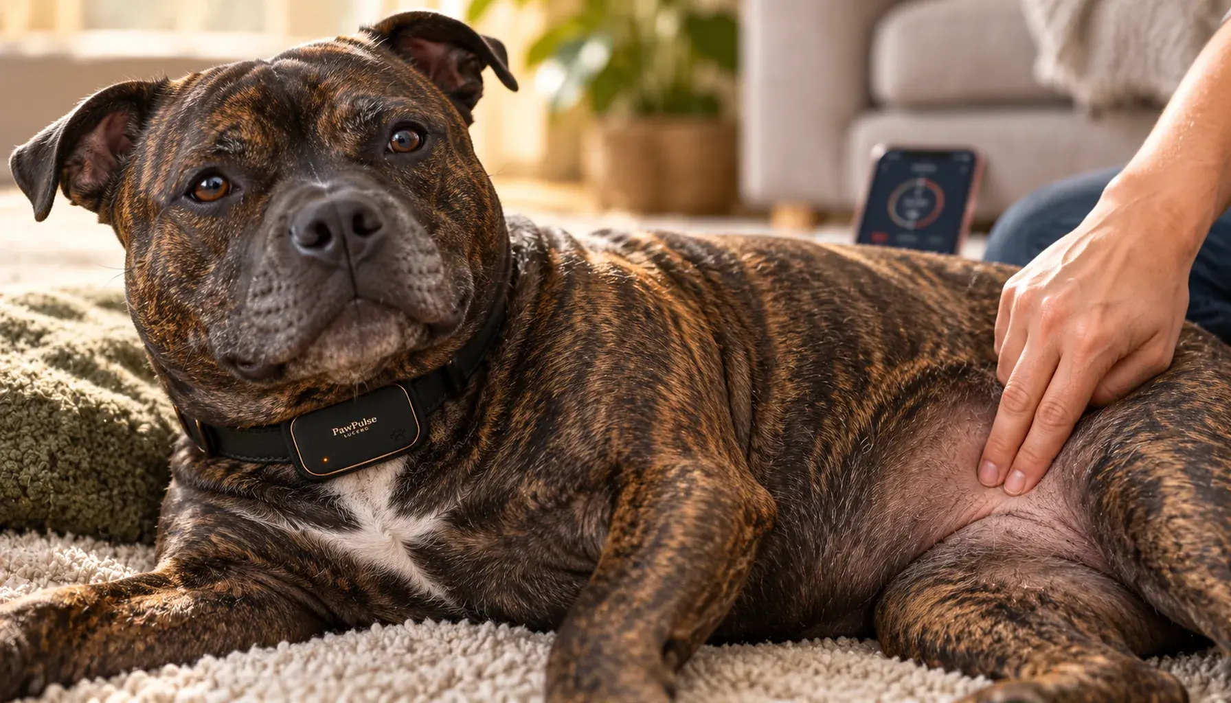 Close-up of two fingers resting on the inner thigh of a relaxed brindle Staffordshire Bull Terrier lying on its side, a phone stopwatch blurred in the background