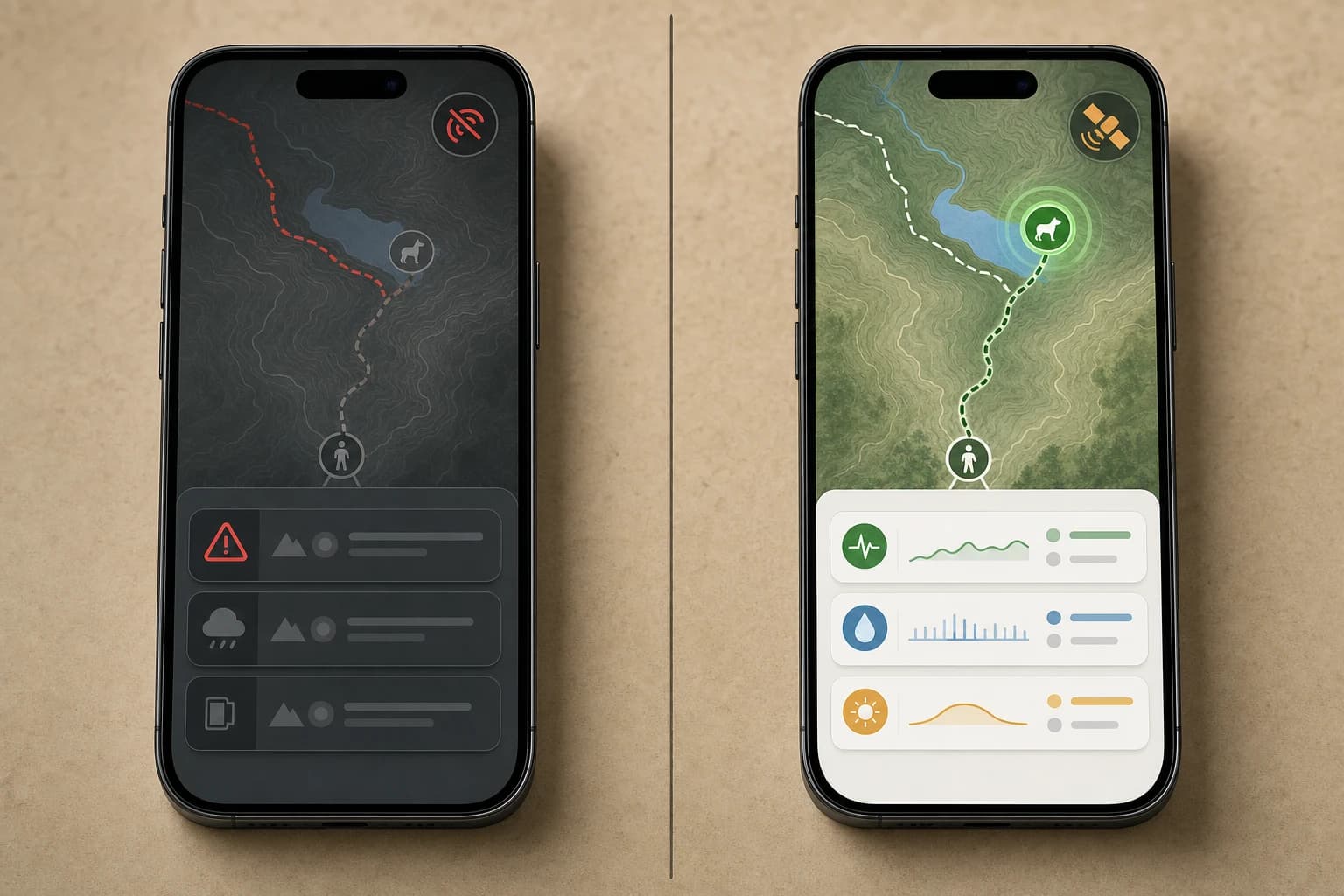 Side-by-side phone mockup comparing a cellular GPS collar app showing No Connection with stale location and queued undelivered alerts versus PawPulse app showing live satellite tracking with current dog position, real-time vitals, and delivered geofence breach alert on the same backcountry trail