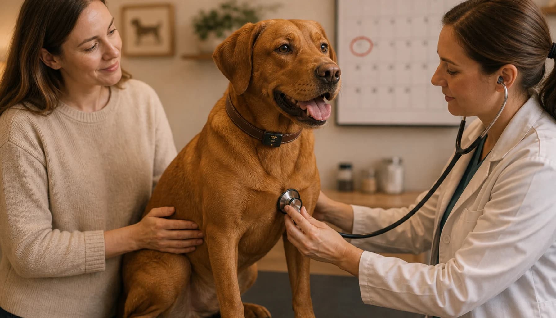 Dog looking perfectly happy and healthy on a walk, tongue out, tail up, wearing a PawPulse collar, sunny day - contrasting with the article's premise that looking healthy isn't the full picture