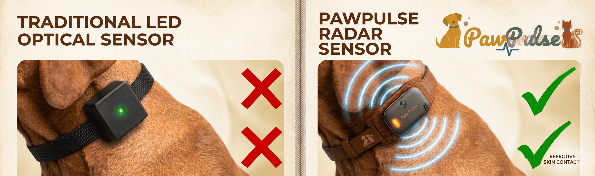 Side-by-side comparison of optical PPG sensor light blocked by dog fur versus radar sensing waves passing cleanly through fur to reach the skin