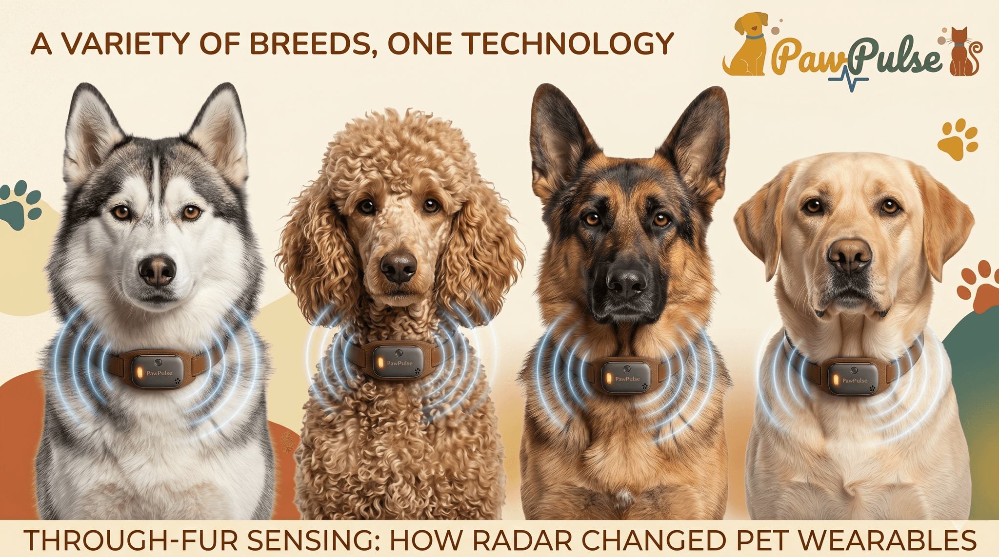 Multiple dog breeds including husky, poodle, german shepherd, and labrador with radar signal visualization passing through each breed's different coat type