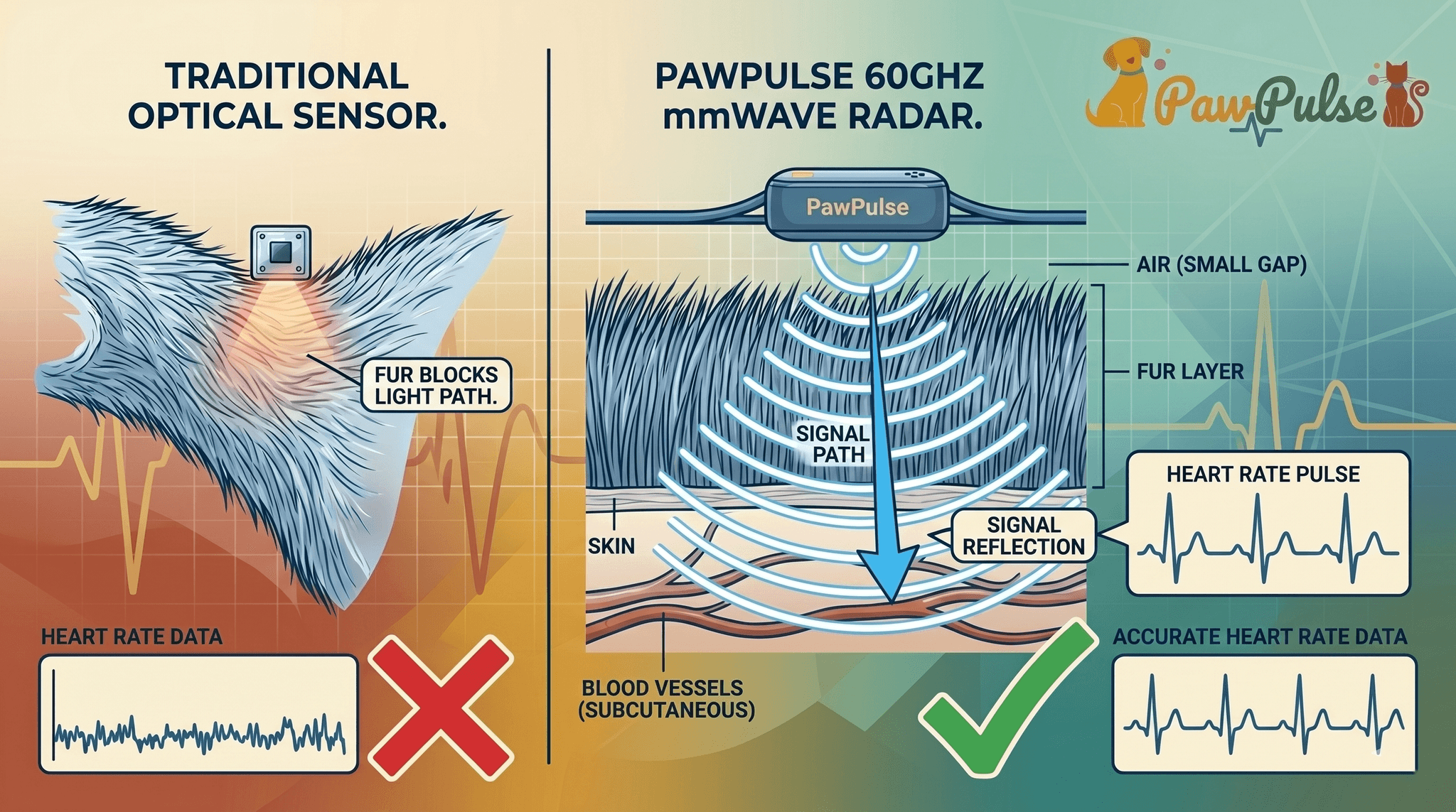 Cross-section diagram showing advanced radar sensing signal penetrating through layers of air, fur, and skin to detect blood vessel pulsation and heart rate