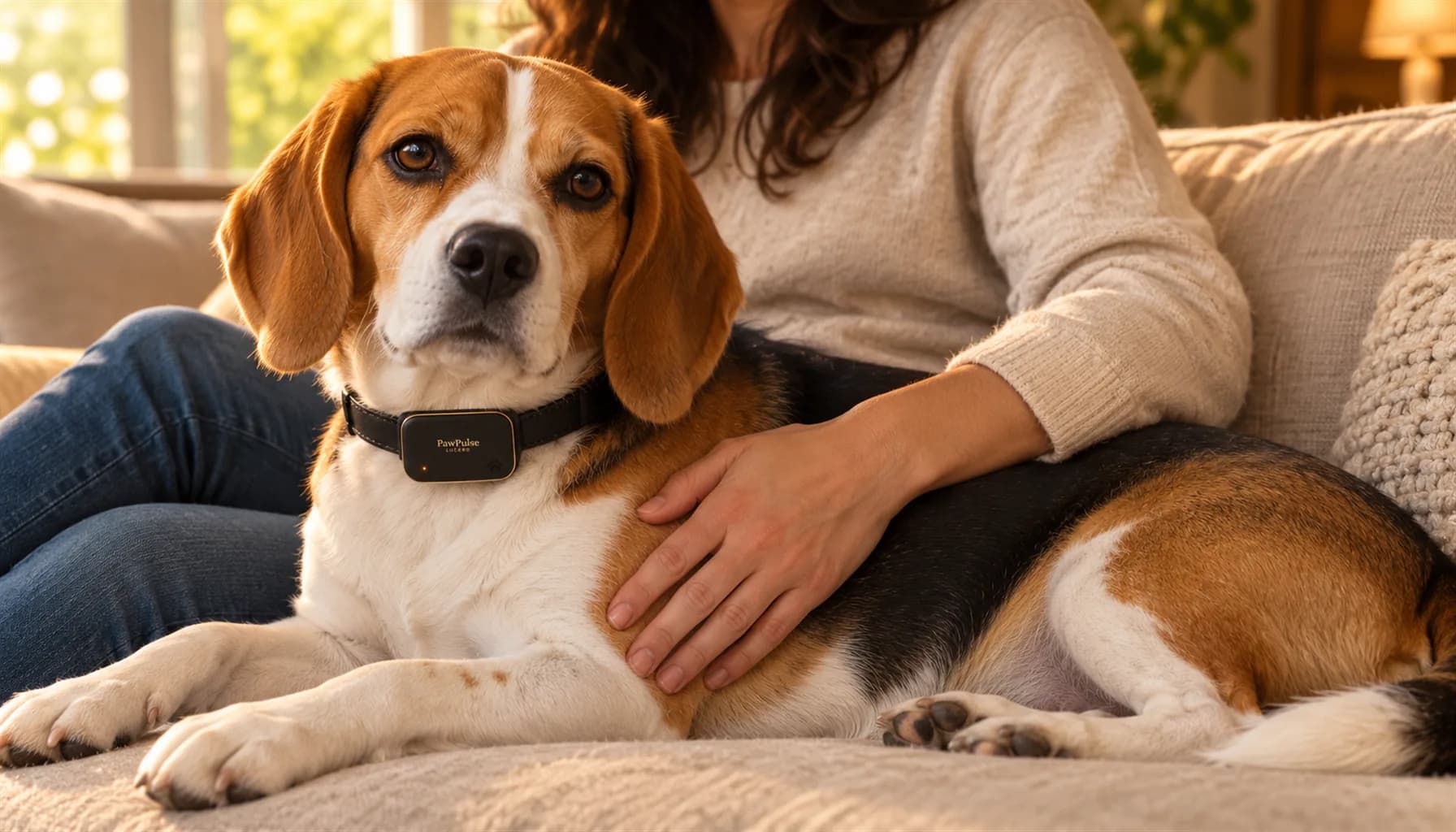 Owner's flat palm resting on the left side of the chest of a relaxed tricolor Beagle lying on a couch in soft golden light