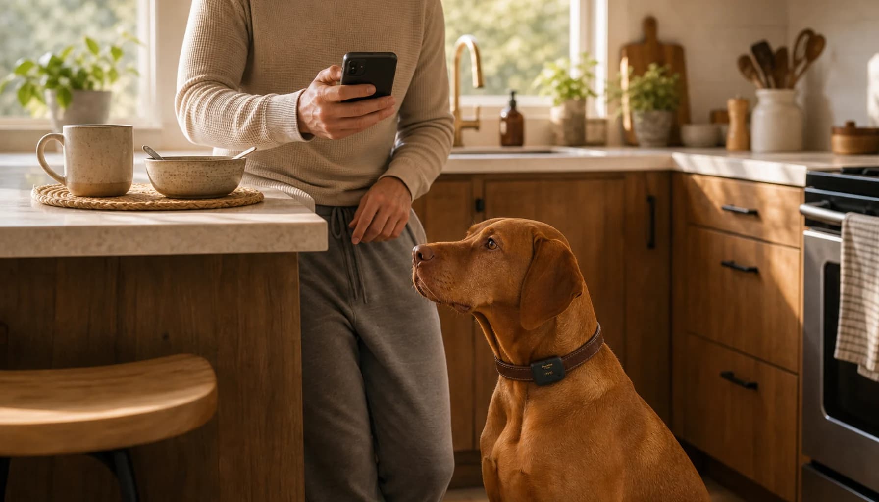 Dog owner sitting on a couch with their dog, looking at their phone with a relaxed expression, warm home setting, conveying the shift toward data-informed pet care as part of daily life