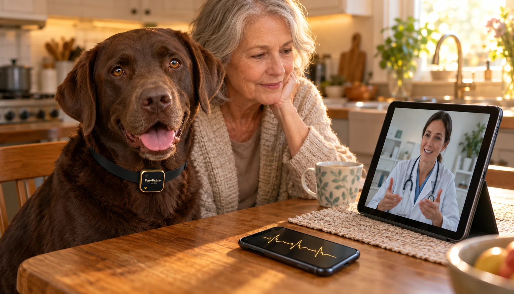 Chocolate Labrador beside a woman at a kitchen table as she talks with a veterinarian on a tablet, a phone with a simple heart-rate chart next to them