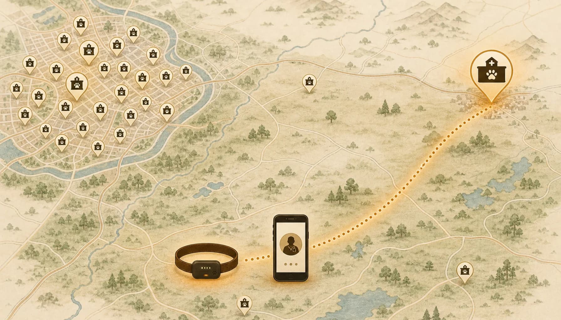 Illustrated map with many clinic pins in a city and few in the countryside, a dog collar and phone linked by a dotted line to a distant vet for telemedicine