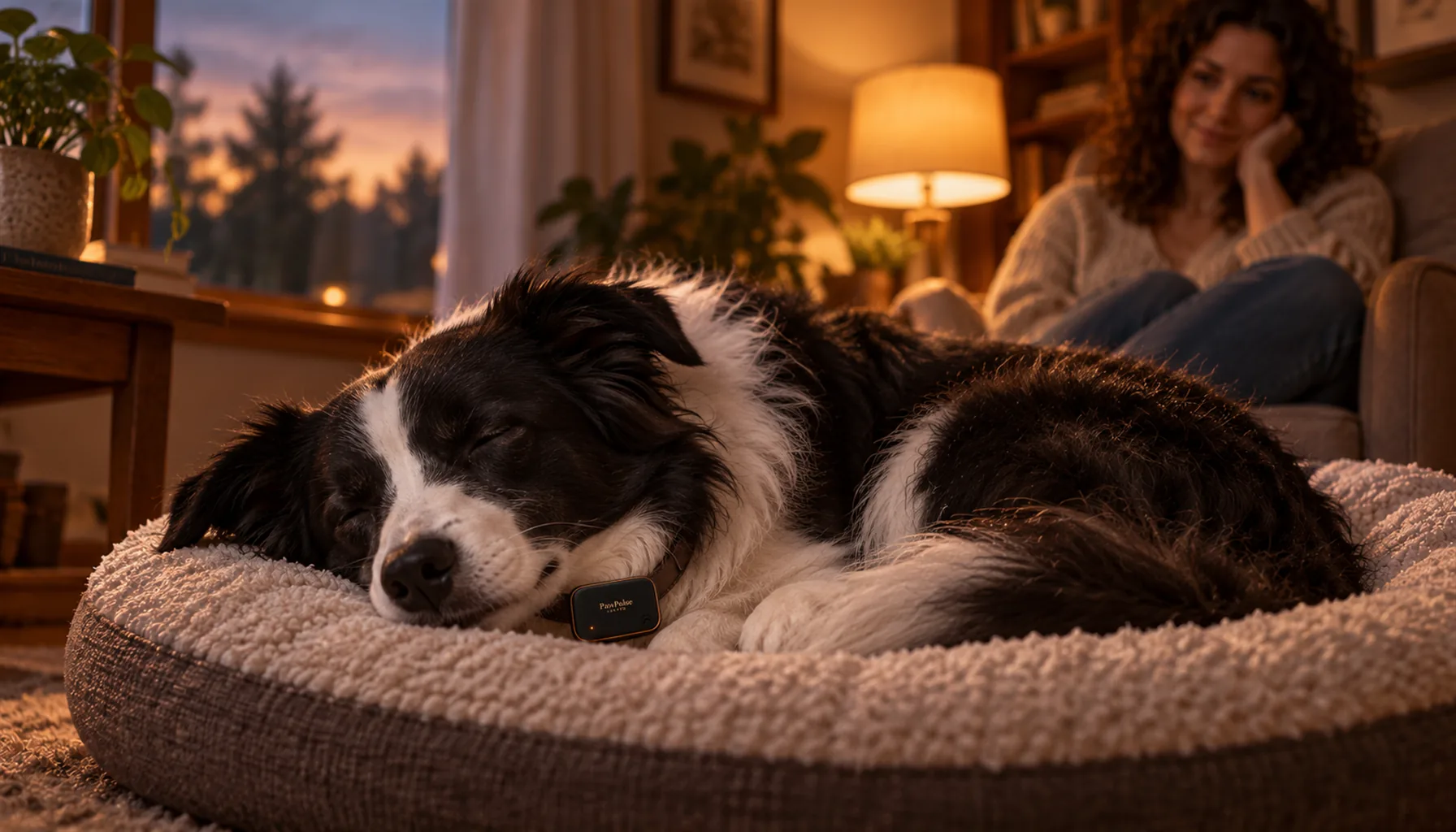 A Border Collie sleeping on a dog bed in warm evening light while its owner sits quietly nearby, watching