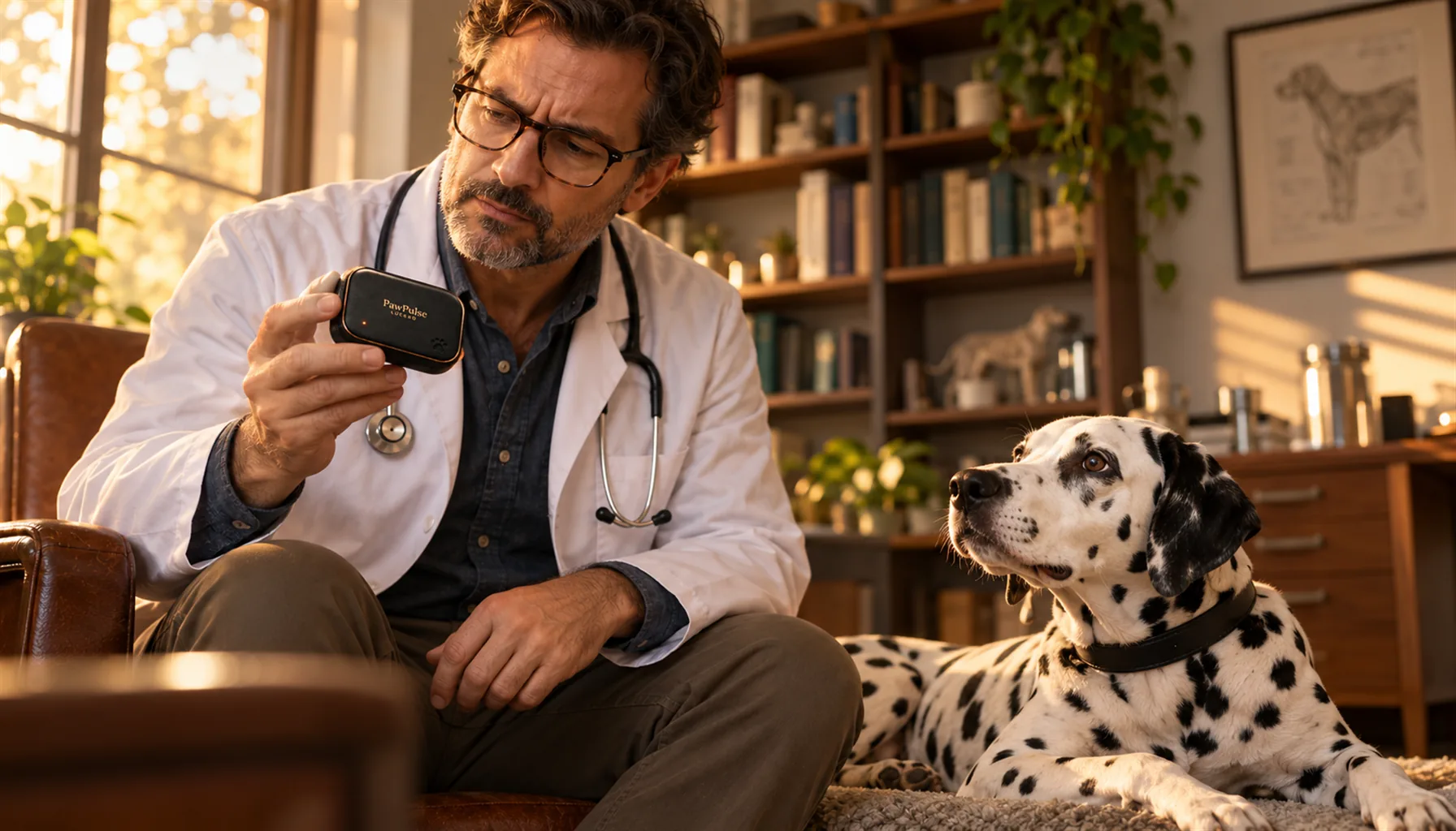 Veterinarian holding a small collar module and studying it with healthy skepticism while a Dalmatian rests beside him in a warm clinic office