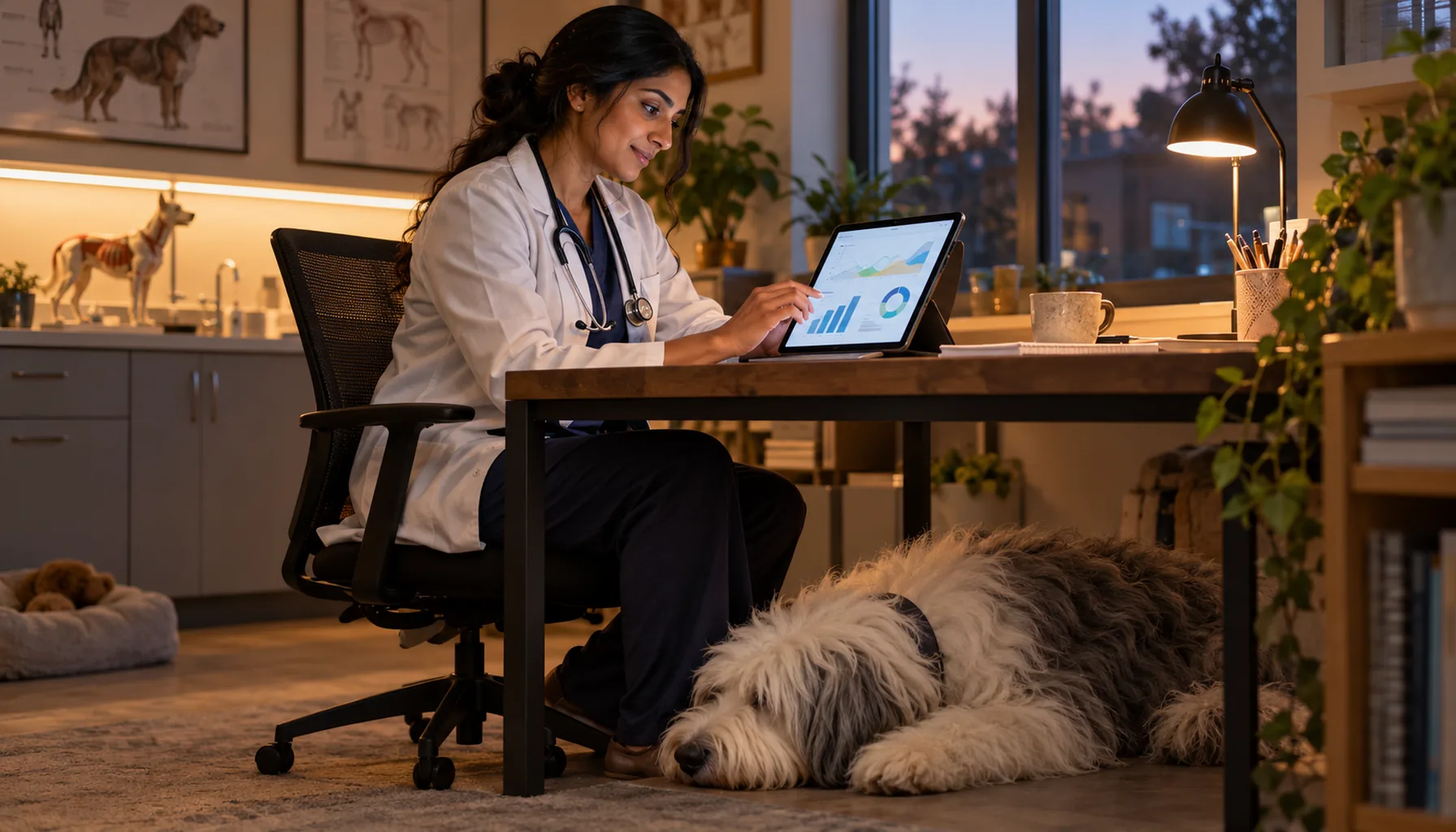 Veterinarian at a desk reviewing a clean health-trend dashboard on a tablet while an Old English Sheepdog rests under the desk, data-informed veterinary practice