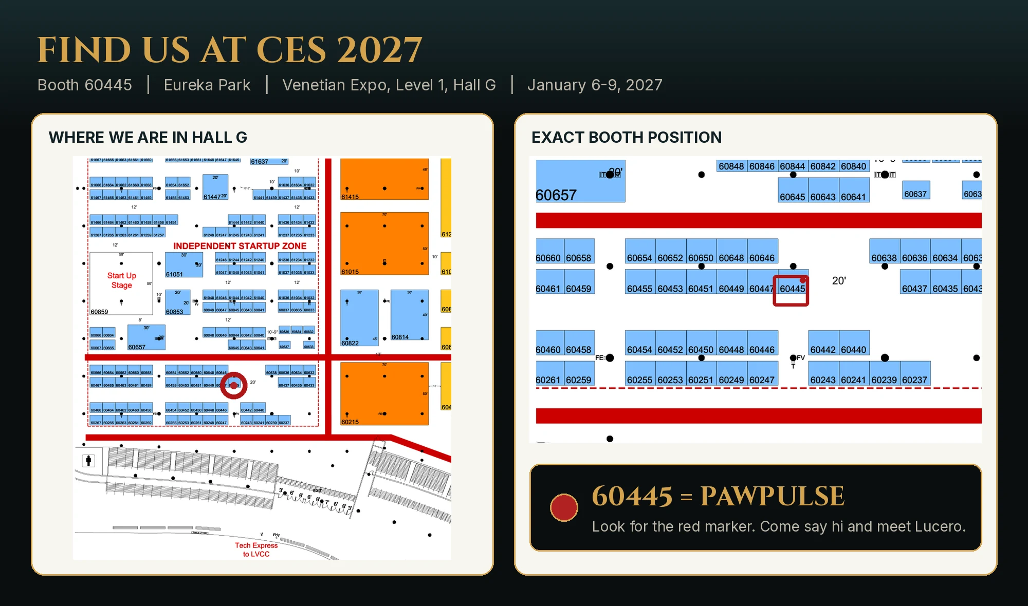 Map of Venetian Expo Hall G showing PawPulse at Booth 60445 in Eureka Park, CES 2027.
