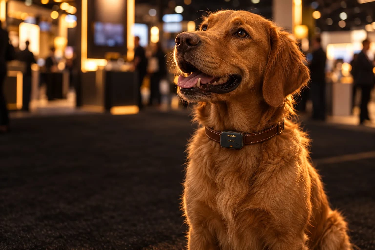 A happy Golden Retriever wearing a PawPulse Lucero smart collar sits on the carpet of a busy, warmly lit trade show hall