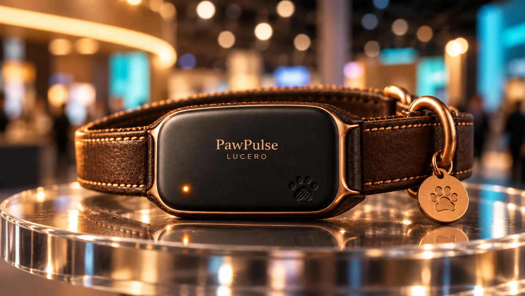 The PawPulse Lucero smart collar on a display pedestal at a tech show.