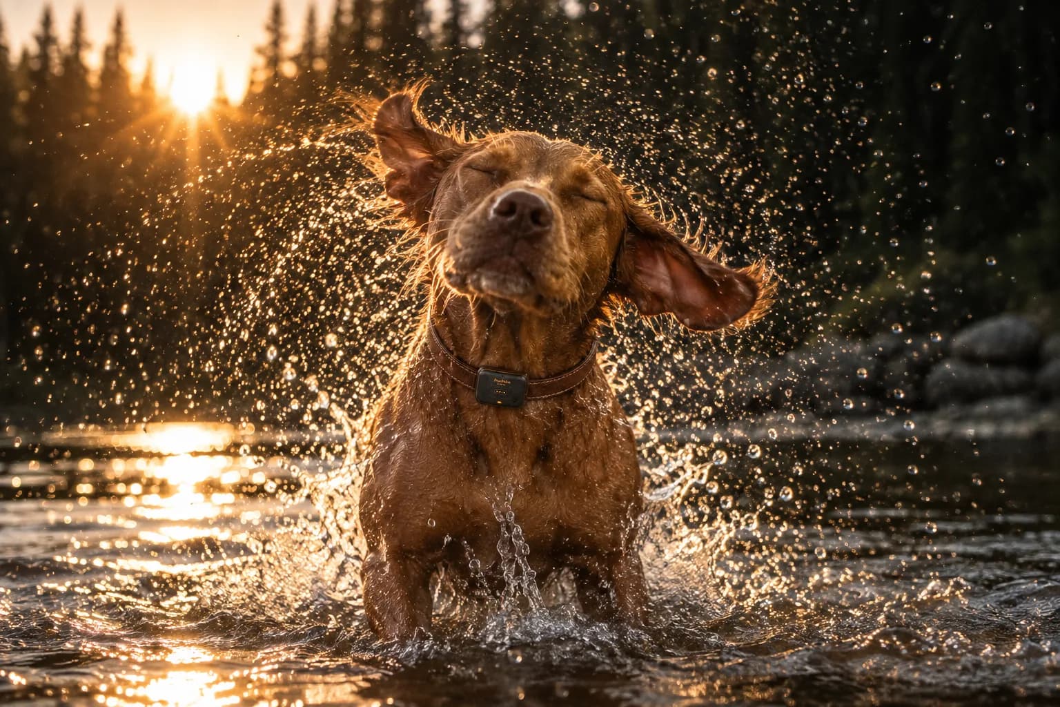 Dog leaping through a river at golden hour wearing a Lucero collar