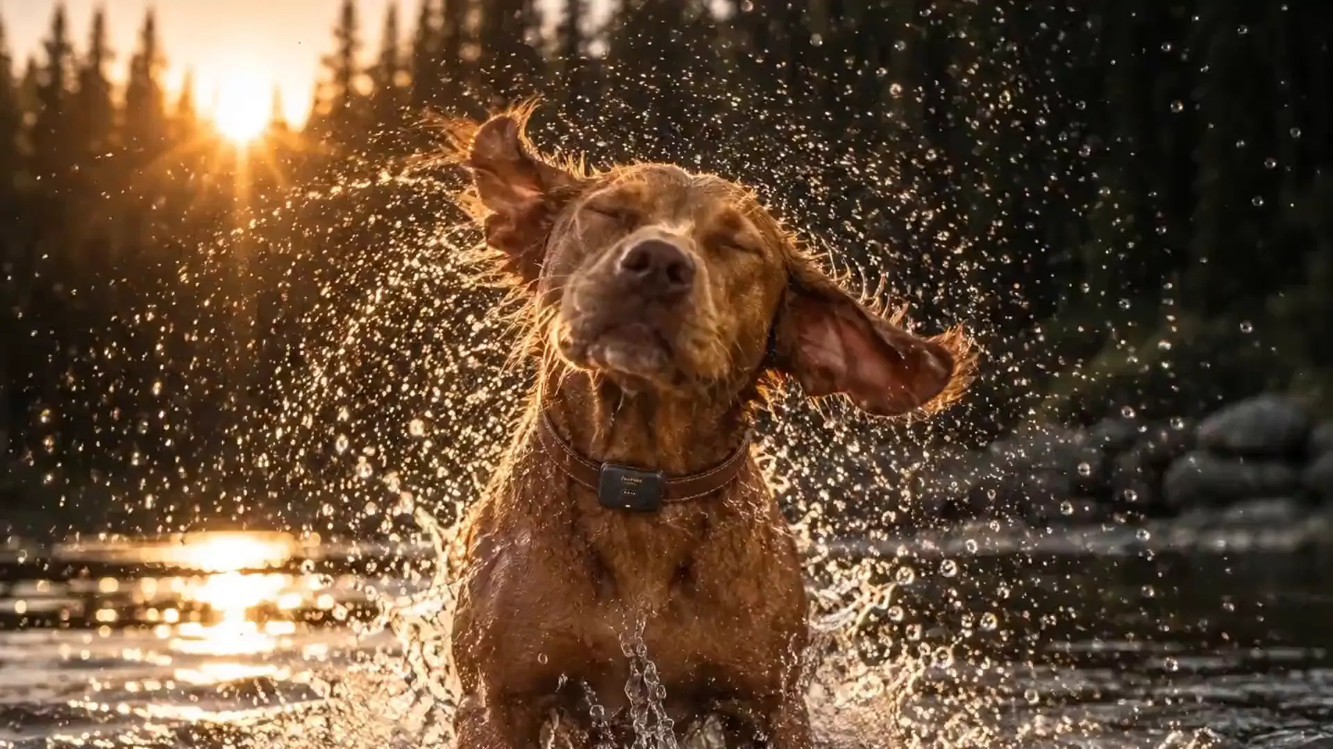 Dogs wearing the PawPulse Lucero smart collar: shaking off after a swim, running a trail, catching a frisbee, and at the vet