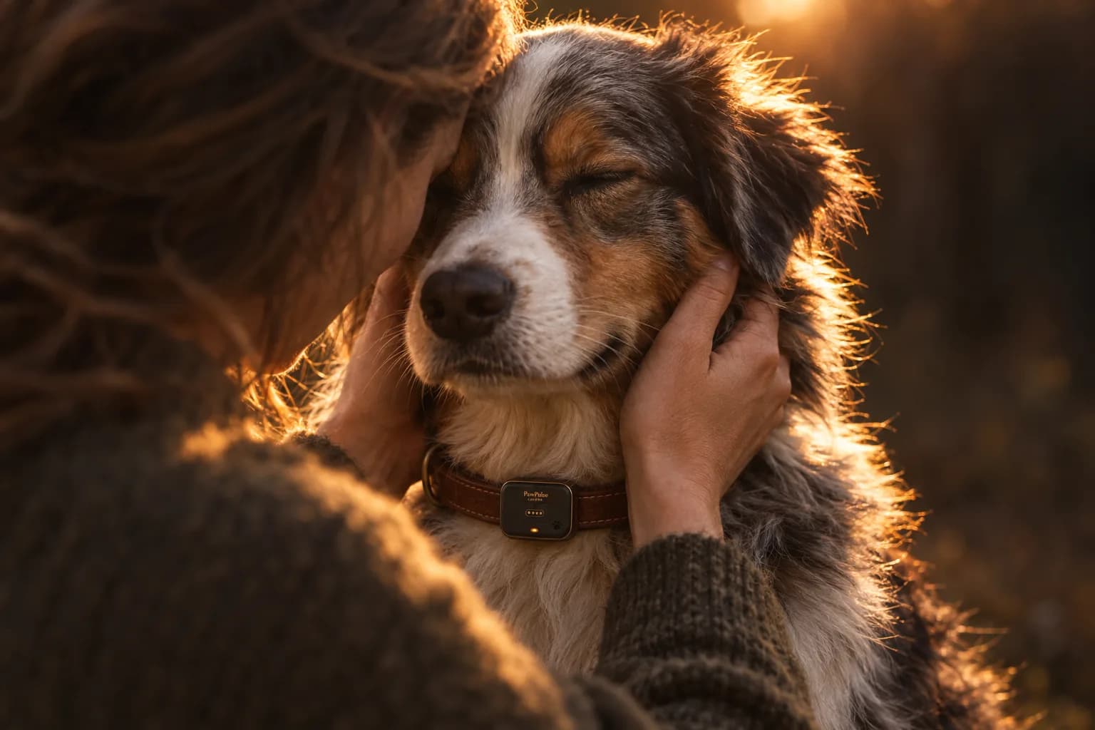 Dog looking up at its owner in golden light