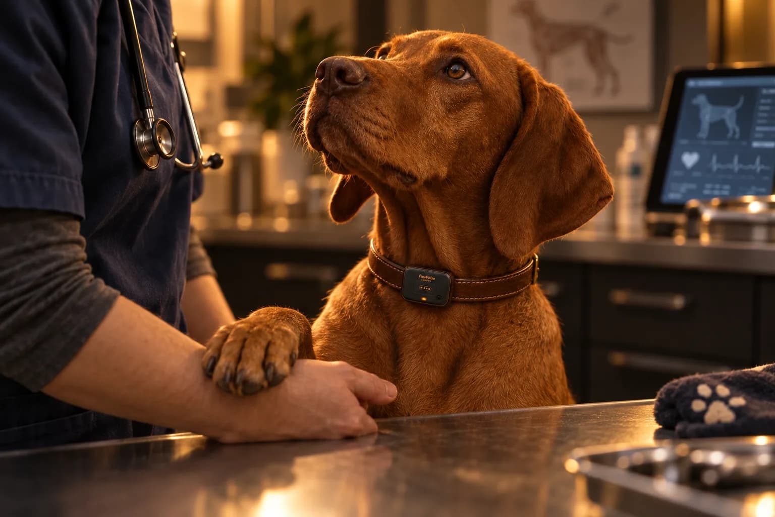 Vet resting a hand on a dog's paw at the clinic table, the dog wearing a Lucero collar