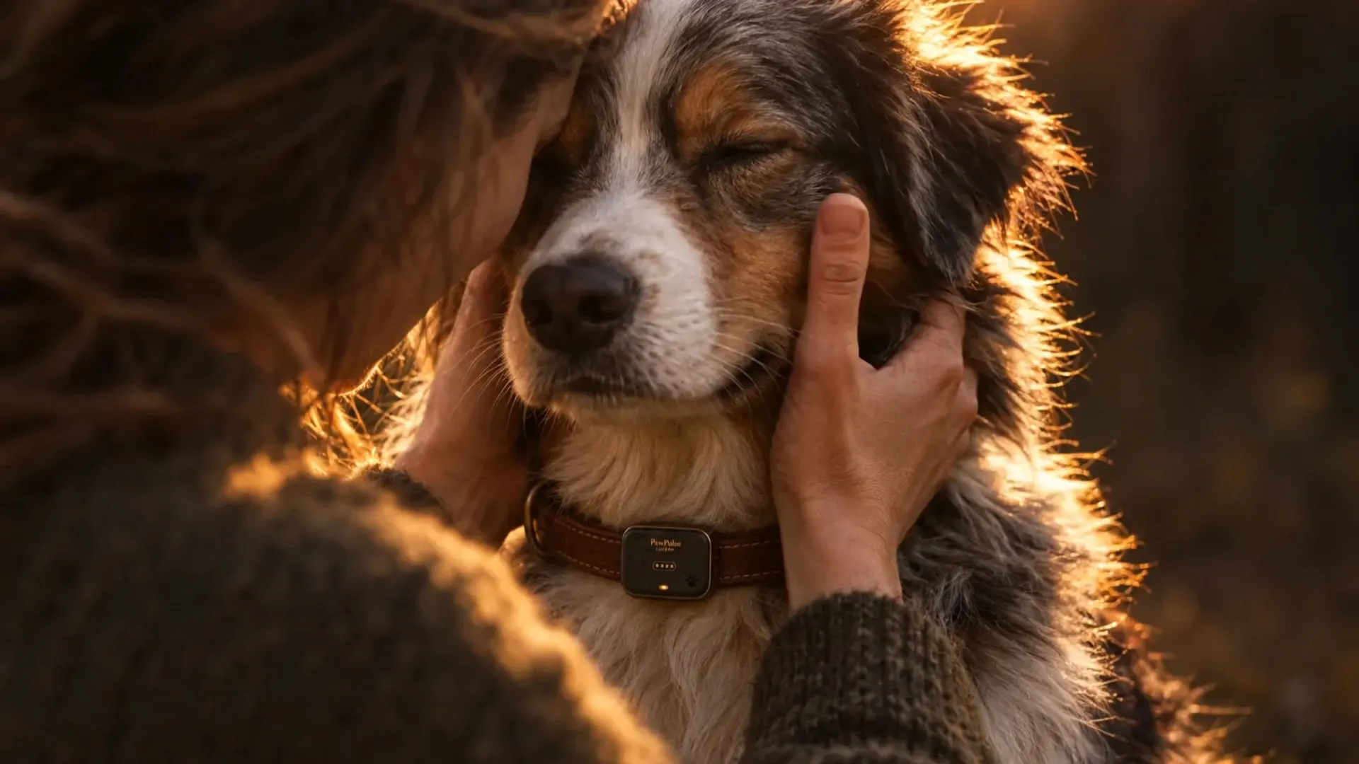 Owner resting forehead to forehead with their dog at golden hour, the dog wearing a matte black Lucero module with a gold accent on a brown leather collar