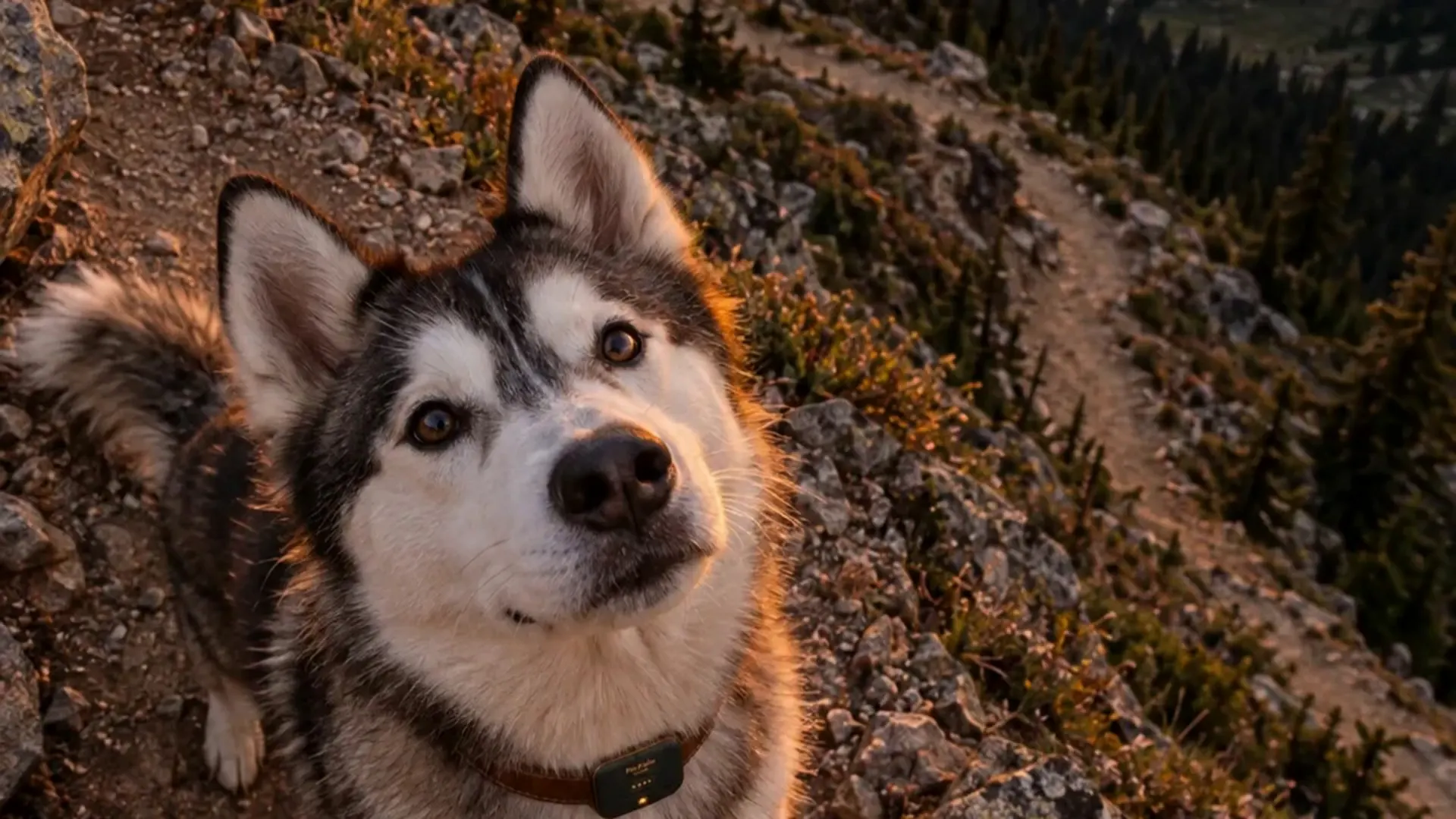 Husky sitting on a ridge trail above a mountain valley at sunset, wearing a matte black Lucero module on a brown leather collar