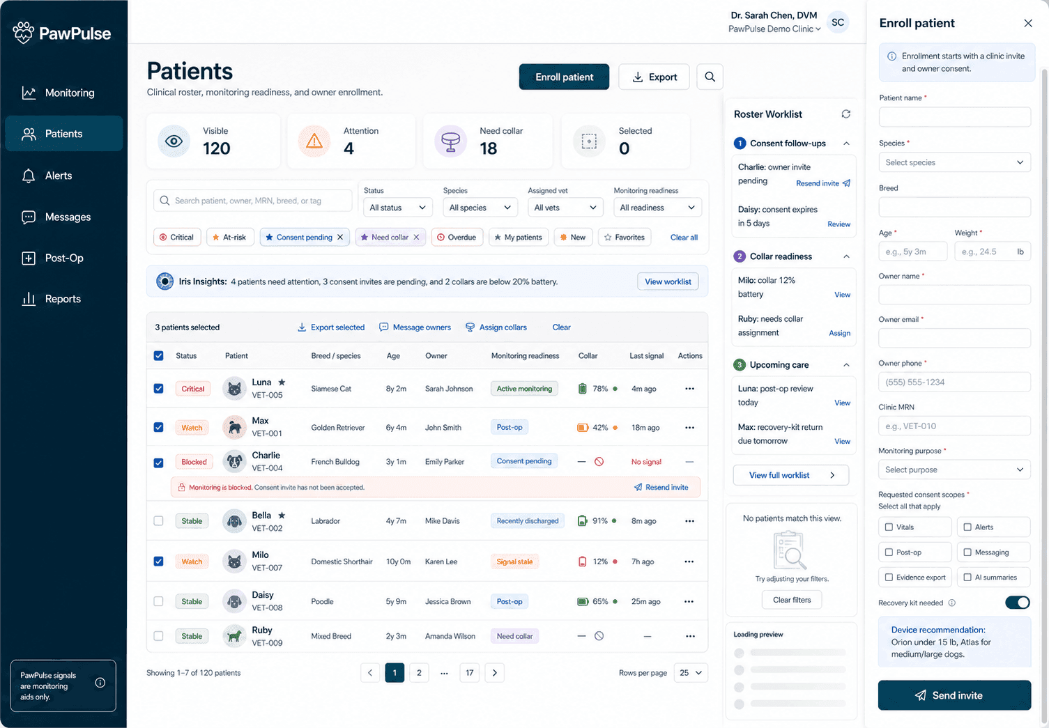 PawPulse Care patient list showing owner-approved pets sorted by recent activity