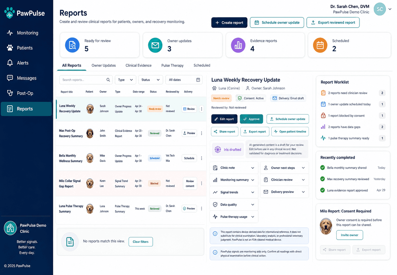 PawPulse Care report view showing a shareable summary of collar history