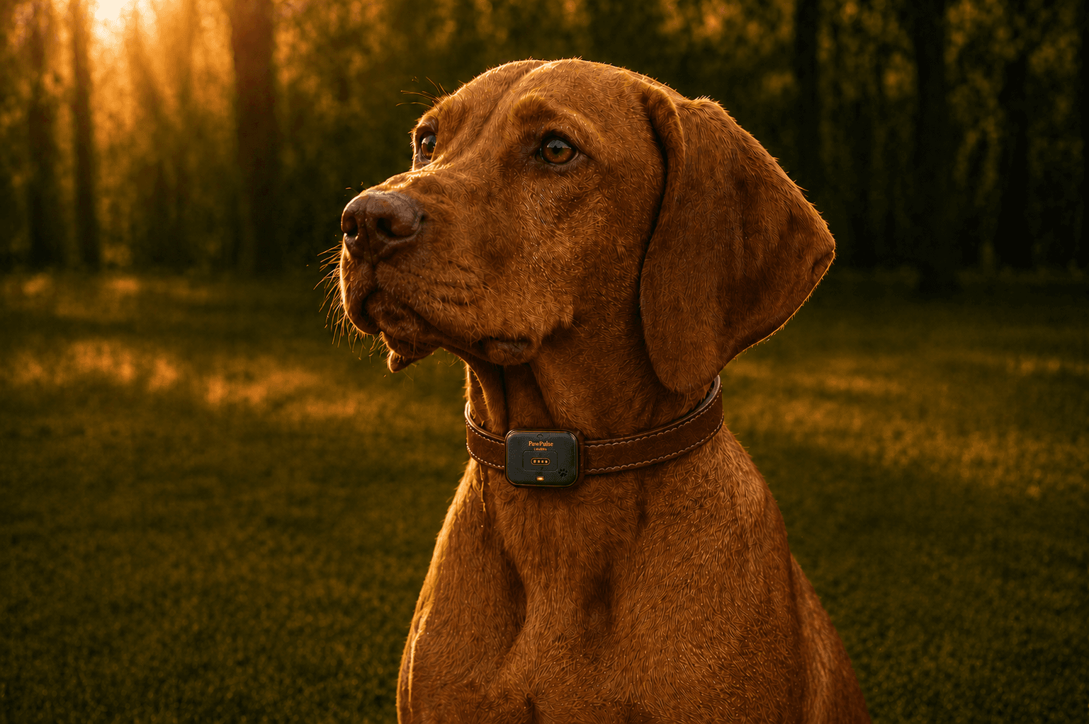 Dog wearing the PawPulse Lucero smart collar