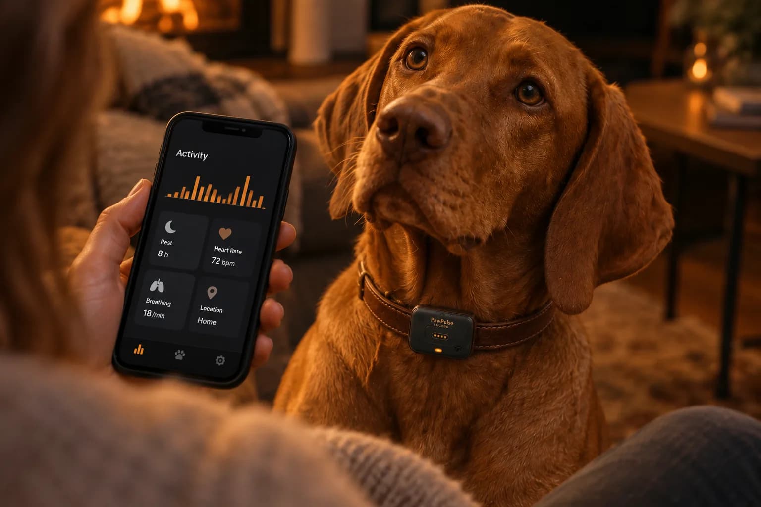 Hand holding a phone showing the PawPulse health timeline, with a golden retriever resting in the background