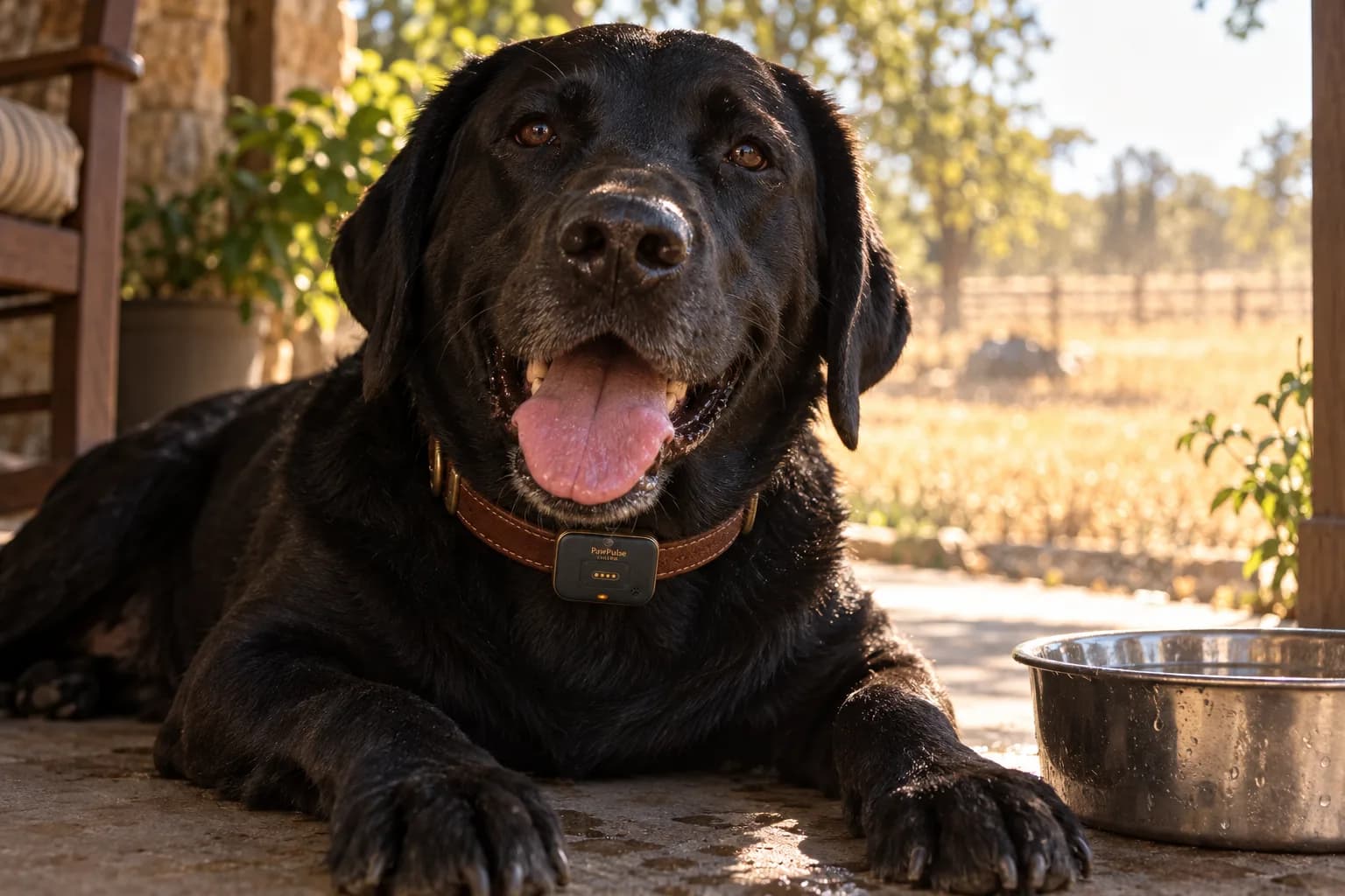 Black labrador panting in porch shade on a hot afternoon, heat haze on the yard behind