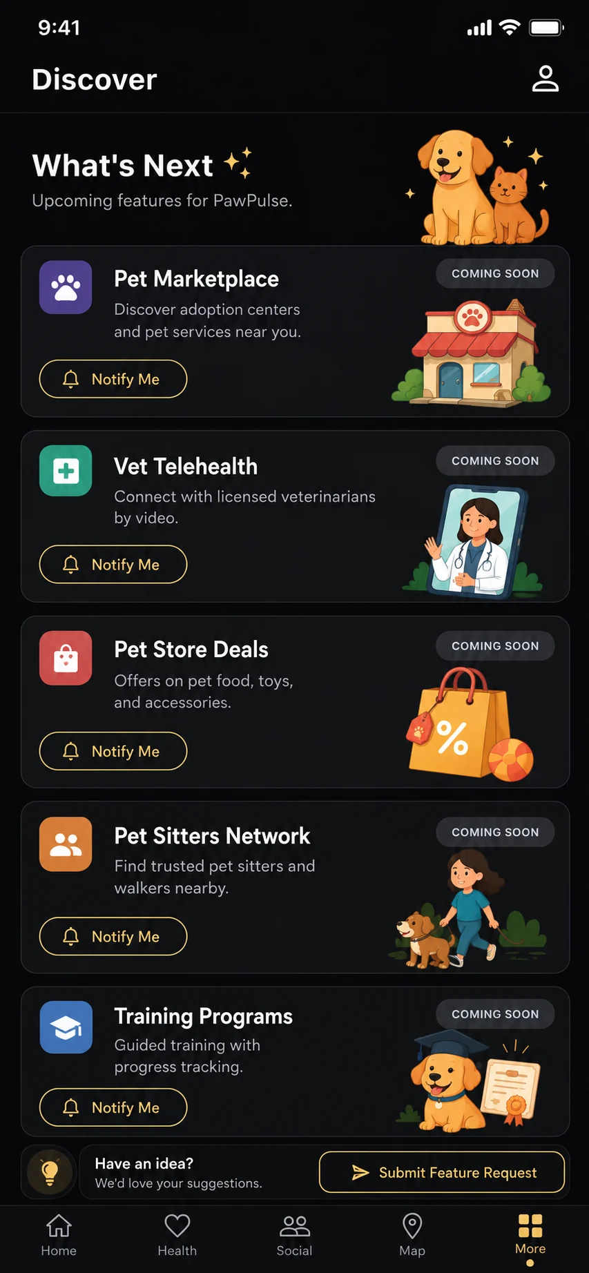 PawPulse app Discover screen with Pet Marketplace, Vet Telehealth, Pet Store Deals, Pet Sitters Network and Training Programs