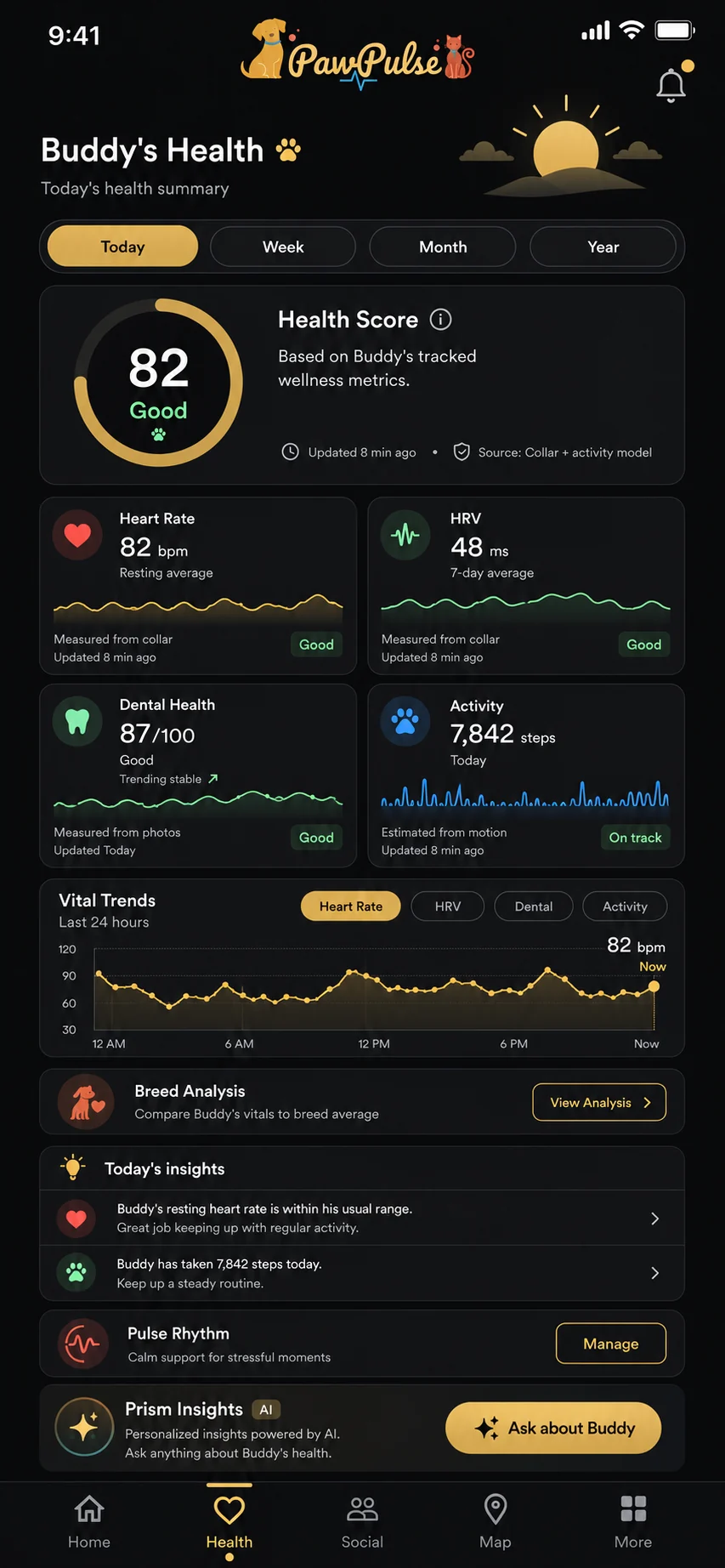 PawPulse app Health screen with a Health Score, heart rate, HRV, dental and activity cards, a 24-hour vital trend and today's insights