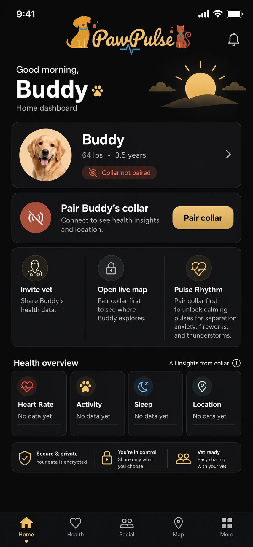 PawPulse app Home screen with Buddy's profile, a Pair Collar card, quick actions and a Health Overview