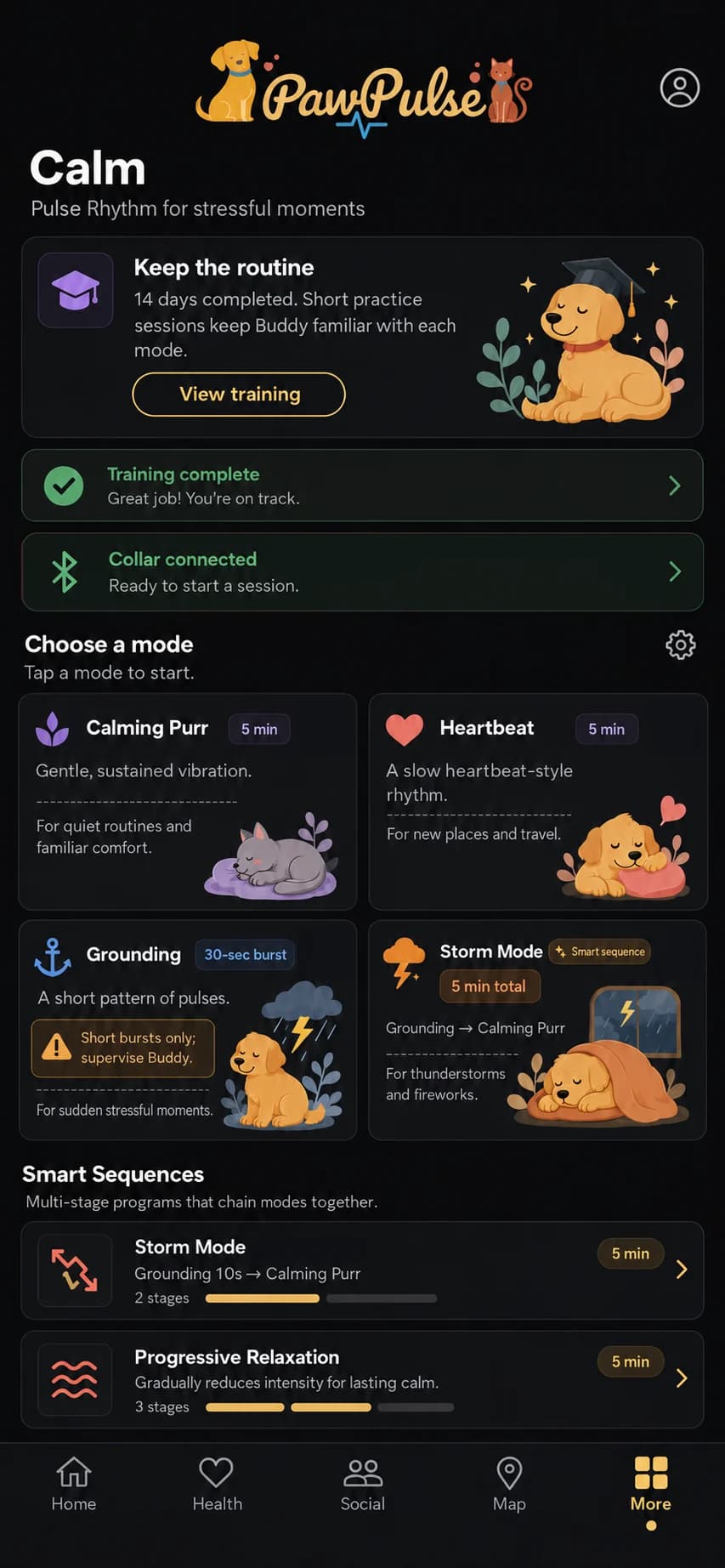 PawPulse app Pulse Rhythm screen with Calming Purr, Heartbeat, Grounding and Storm Mode, plus Smart Sequences