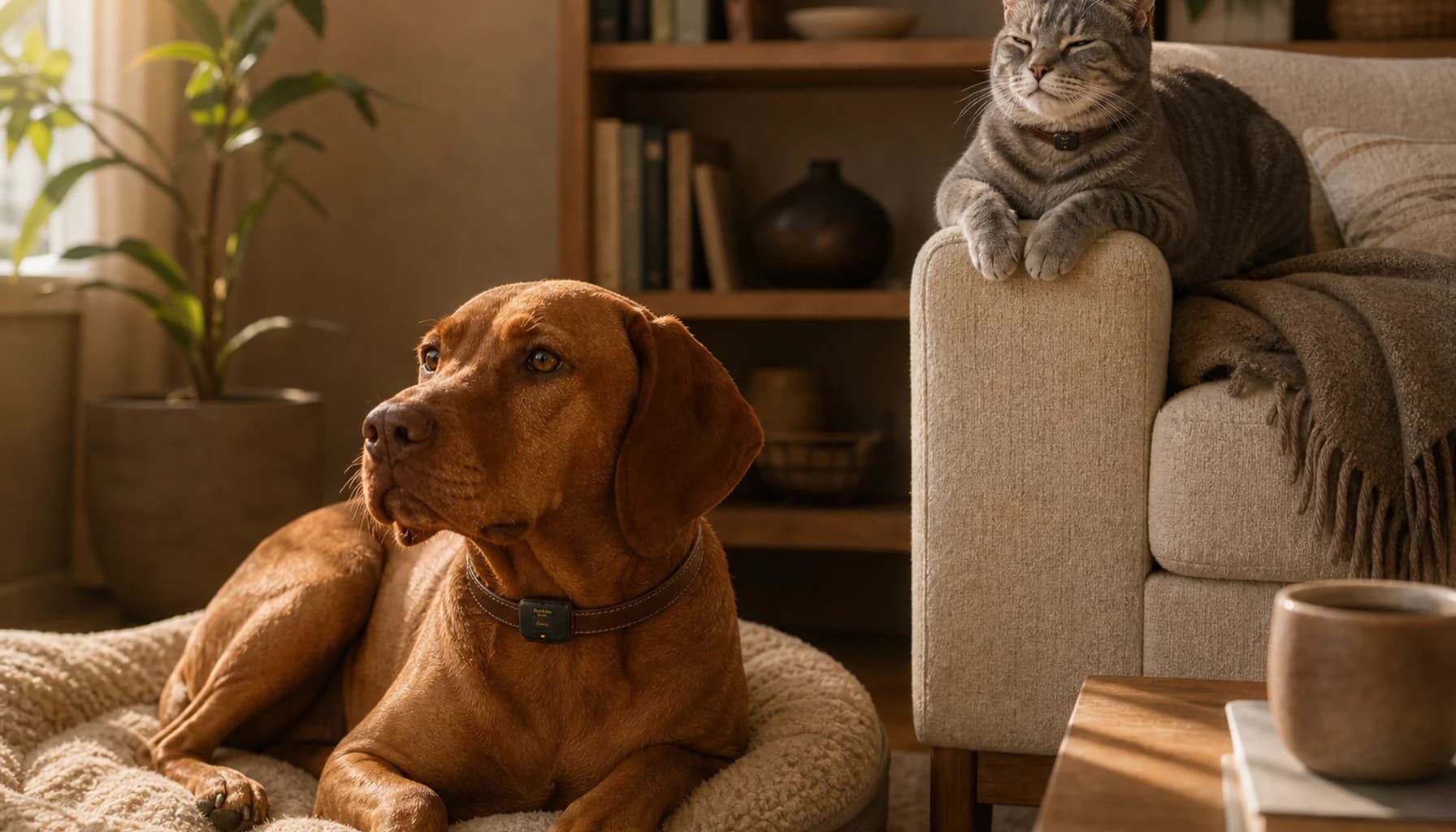Cat and dog each with a small personalized health profile card floating above them, showing different heart rate baselines, different activity patterns, different sleep amounts - conveying that each pet gets its own unique normal