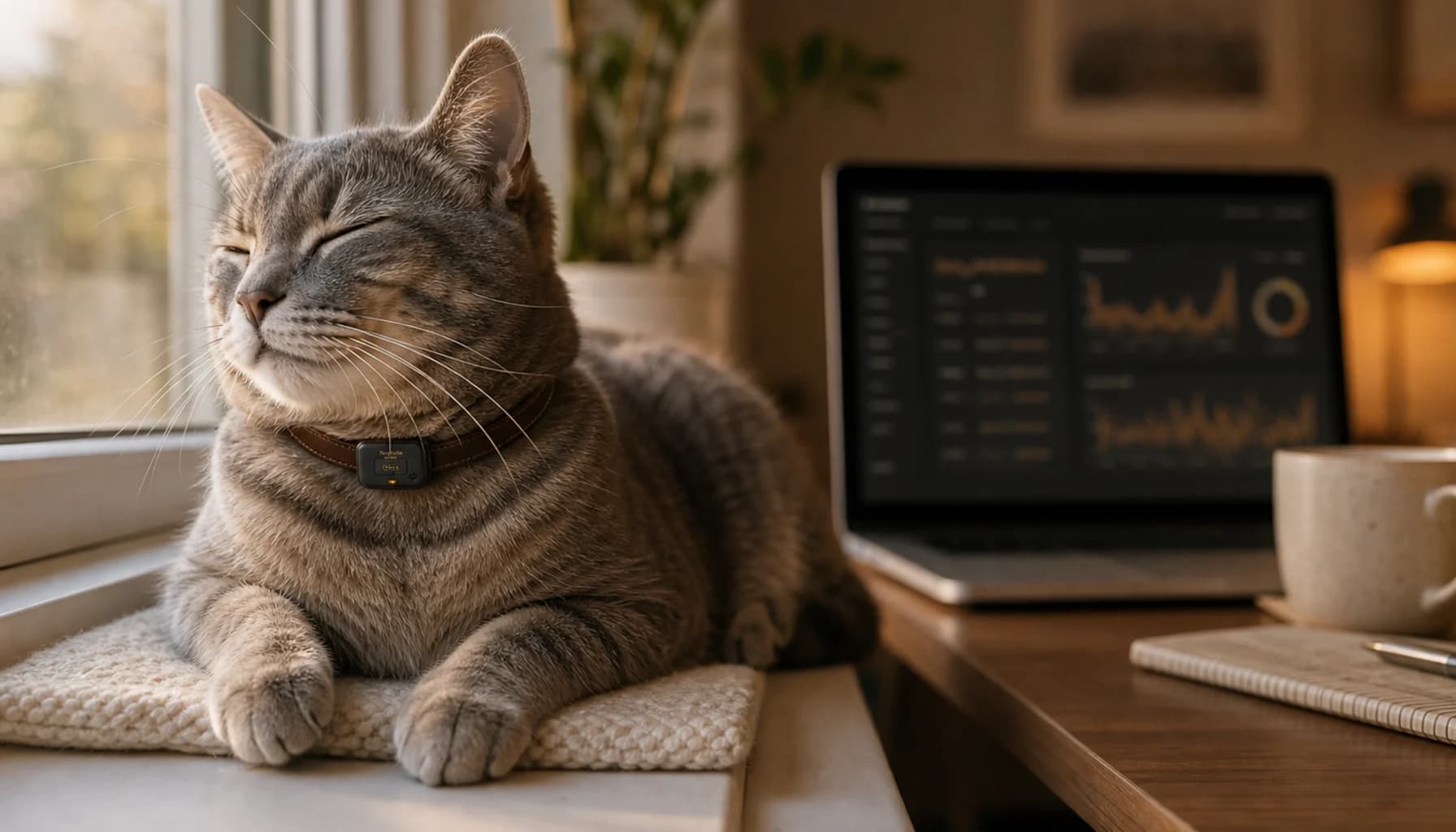 Cat wearing PawPulse collar at home, looking healthy, with a small visual suggesting health data flowing quietly to a vet dashboard in the background