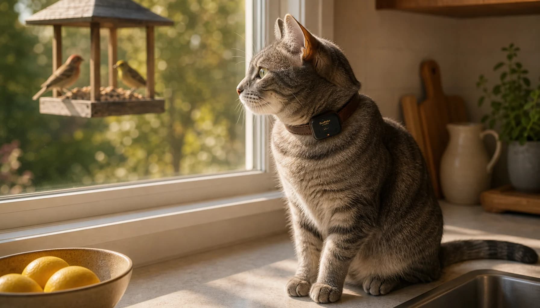 Cat wearing a PawPulse collar lounging indoors, warm home setting, conveying that for cats health monitoring matters more than GPS